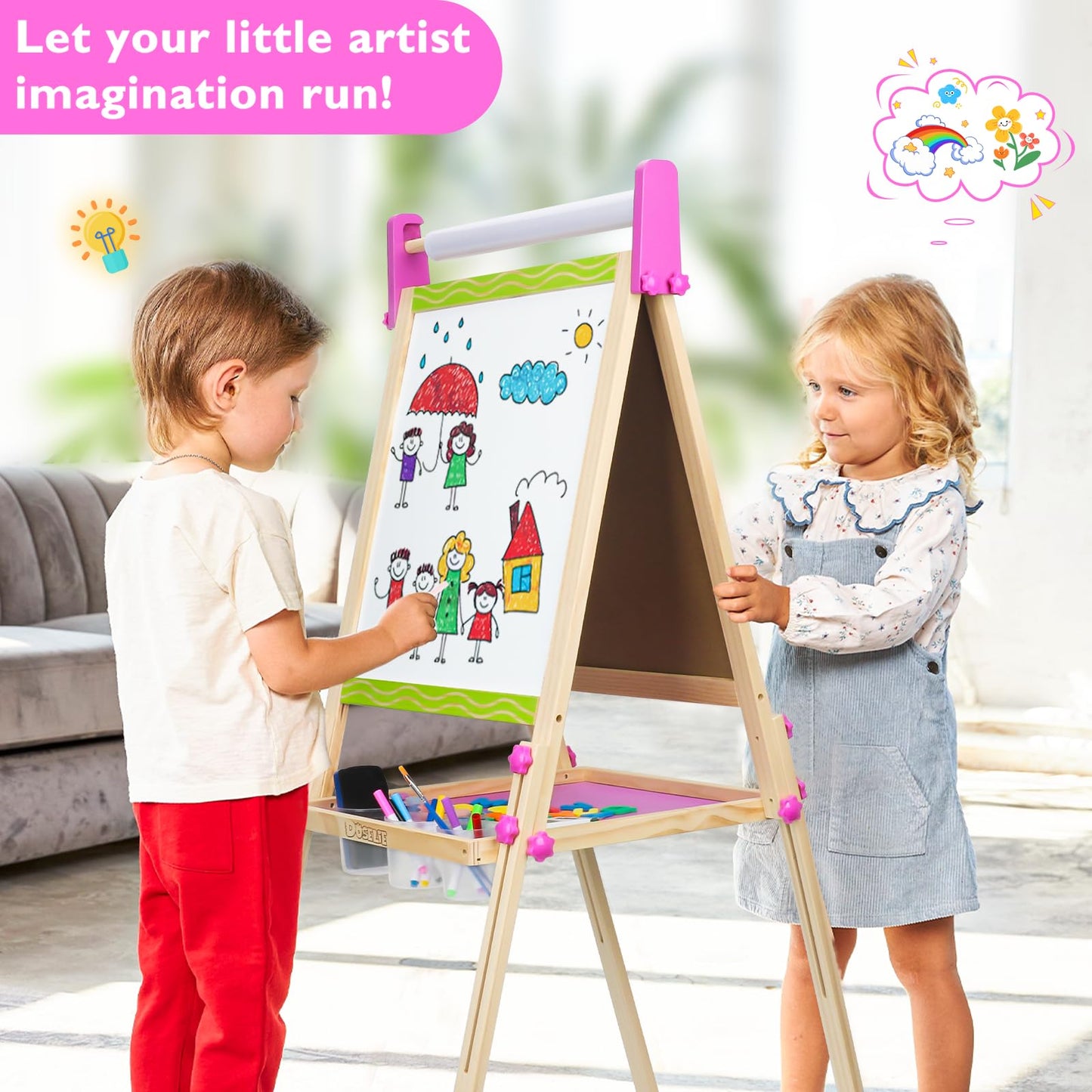 Doselie Easel for Kids,Adjustable Wooden Kids Art Easel with Paper Roll,Double-Sided Magnetic Toddler Easels,Dry Erase Whiteboard and Chalk Board,Toys for 3 4 5 6 7 8 9 10 Year Old Girl Boy Gift