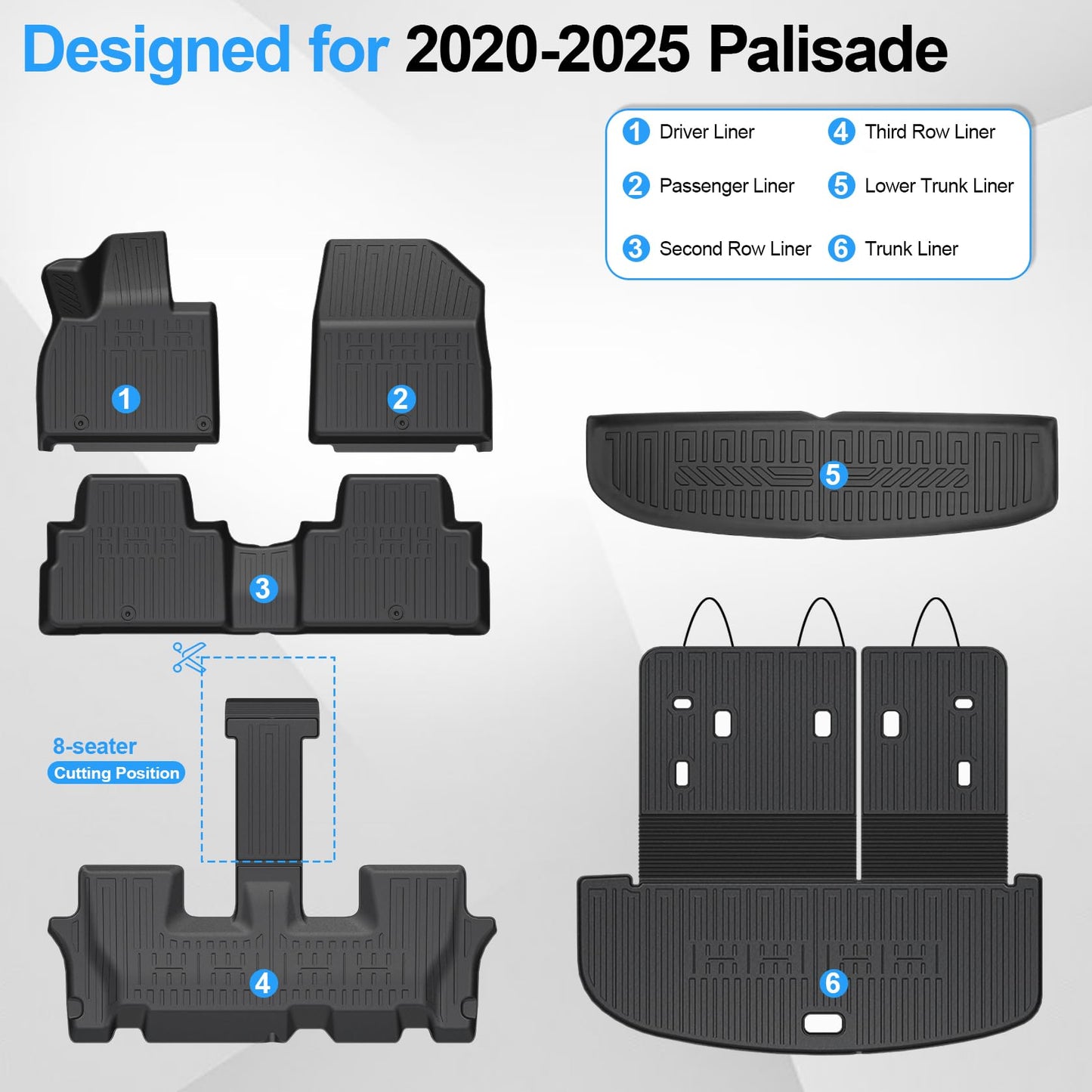 HOUCLEMIC Floor Mats for 2020-2025 Hyundai Palisade 7/8 Passenger, Trunk Mat with Seat Back Cover and Lower Cargo Mat All Weather Interior Protector for 2025 Hyundai Palisade Accessories