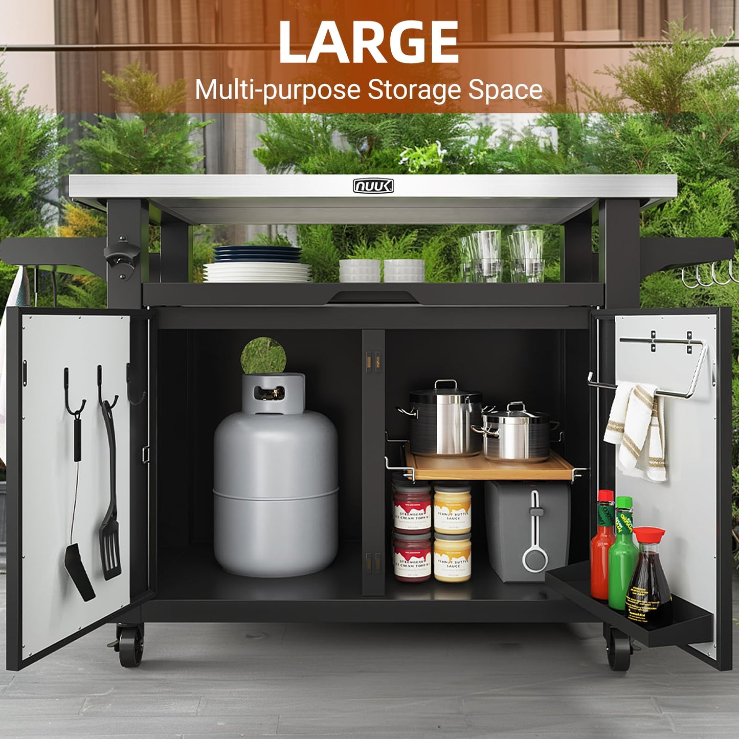 NUUK Outdoor Grill Cart with Storage Cabinet Metal Kitchen Island Prep Table with Movable Universal Wheels and Stainless Steel Top