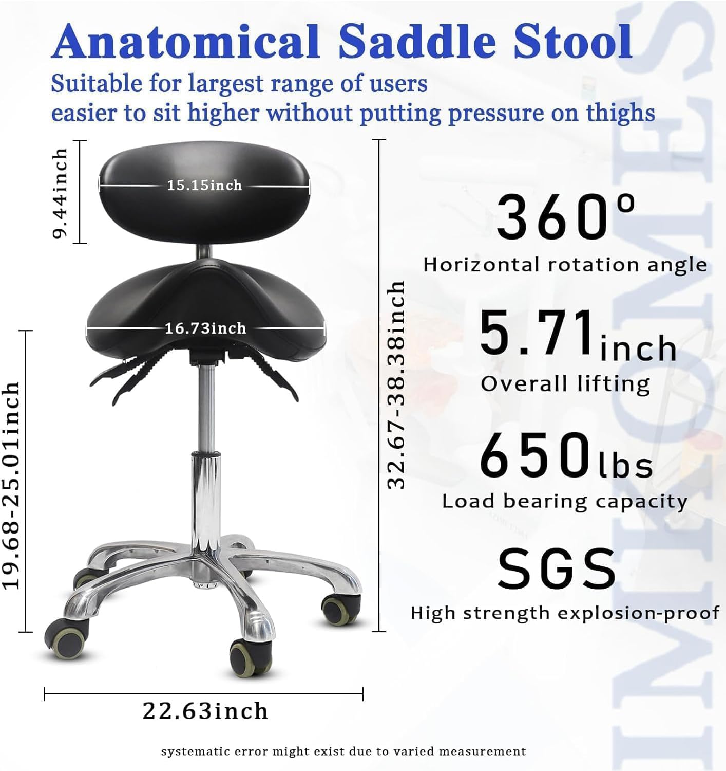LIMKOMES Saddle Stool with Wheels,3-Way Function Rolling Stool with Back Support,Ergonomic Stool Saddle Stool for Hair Stylist for Dentist Salon Tattoo(Black)