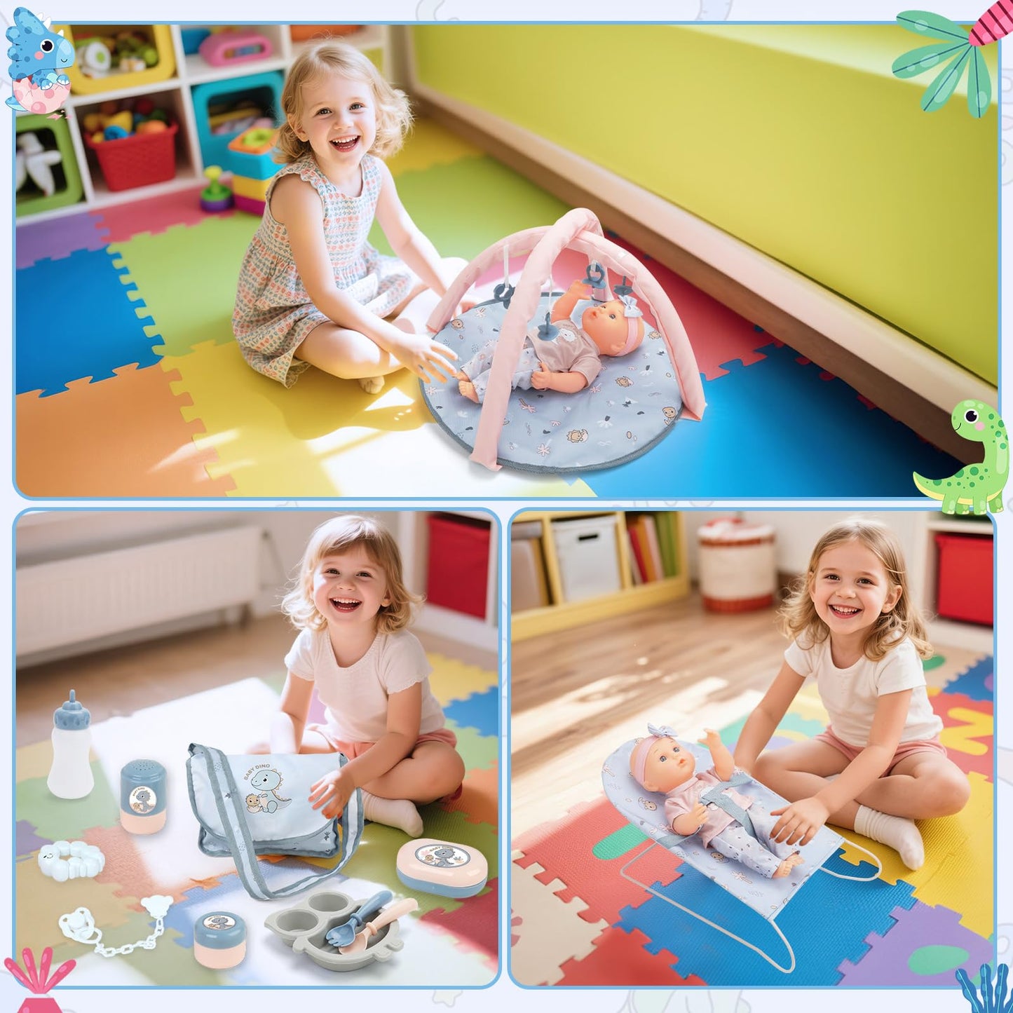 deAO Baby Doll Set,12 inch Doll Playset with Doll Stroller Crib Bed Nursery Role Play Set Accessories and Play Mat,Foldable Stroller and Travel Bag,Birthday Gifts for Girls