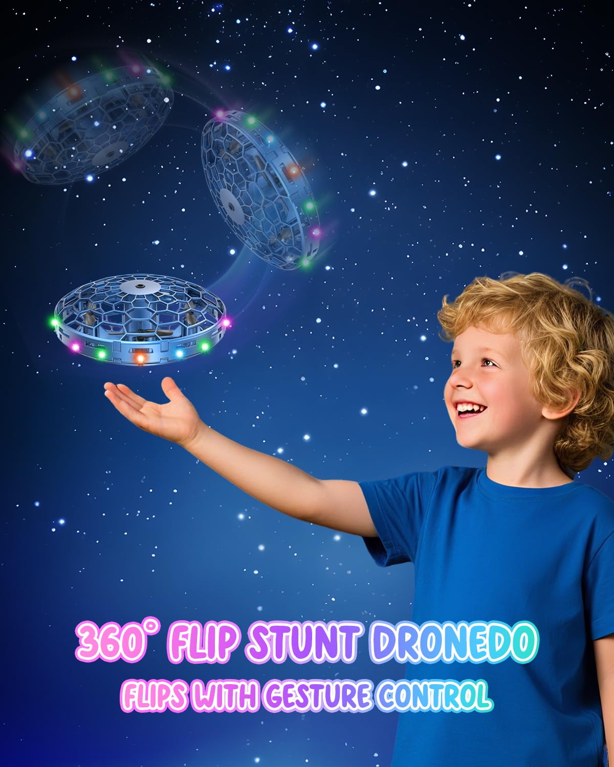PYMSRTY Flying Toy Drone for Kids，360° Hands Free Motion Sensors Mini Drone with Cool LED Lights,Easy Indoor Small UFO Toy Flying Ball Drone for Kids -Blue