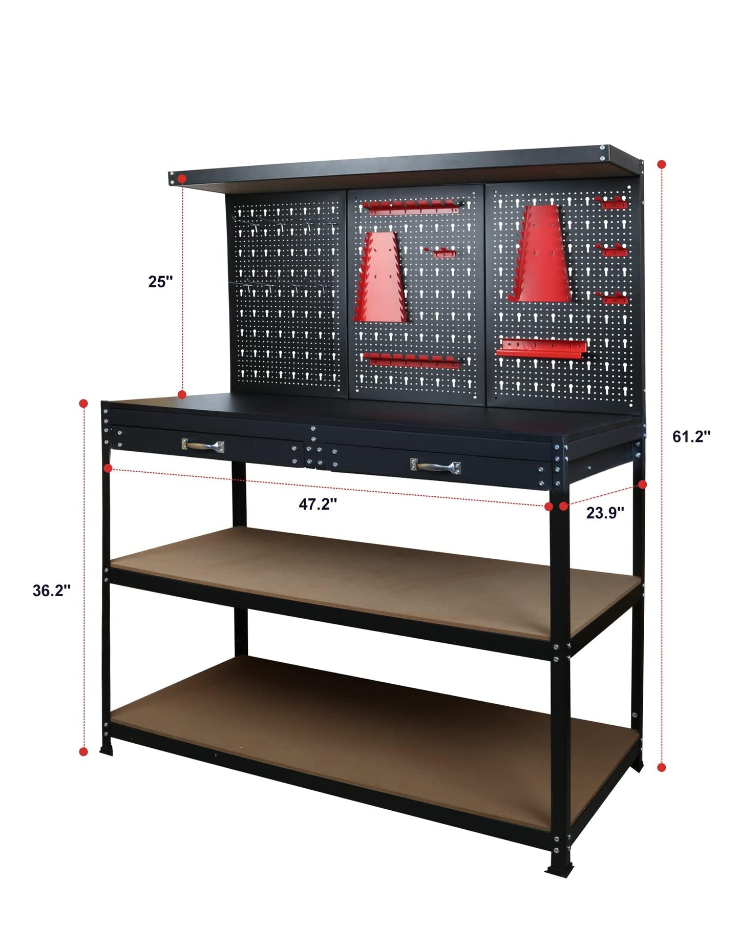Prostormer 47.25 Inch Heavy Duty Workbench with Pegboard, Hooks, and Drawers - Sturdy Garage Work Table for DIY Projects, Home Workshop, and Tool Organization