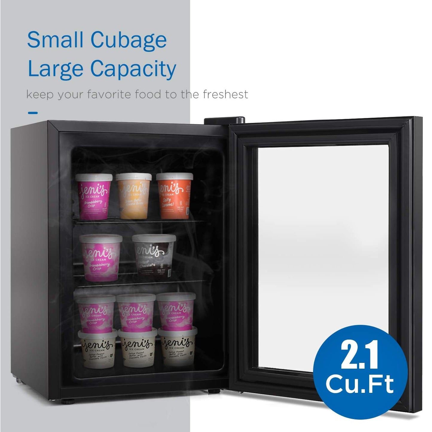 Watoor Compact Mini Freezer with LED Light 3-Layer Glass Display Door 2.1 Cu Ft with 2 Removable Shelves Quiet Upright Freezer 7 Temperature Settings Perfect for Liquor and Ice Cream