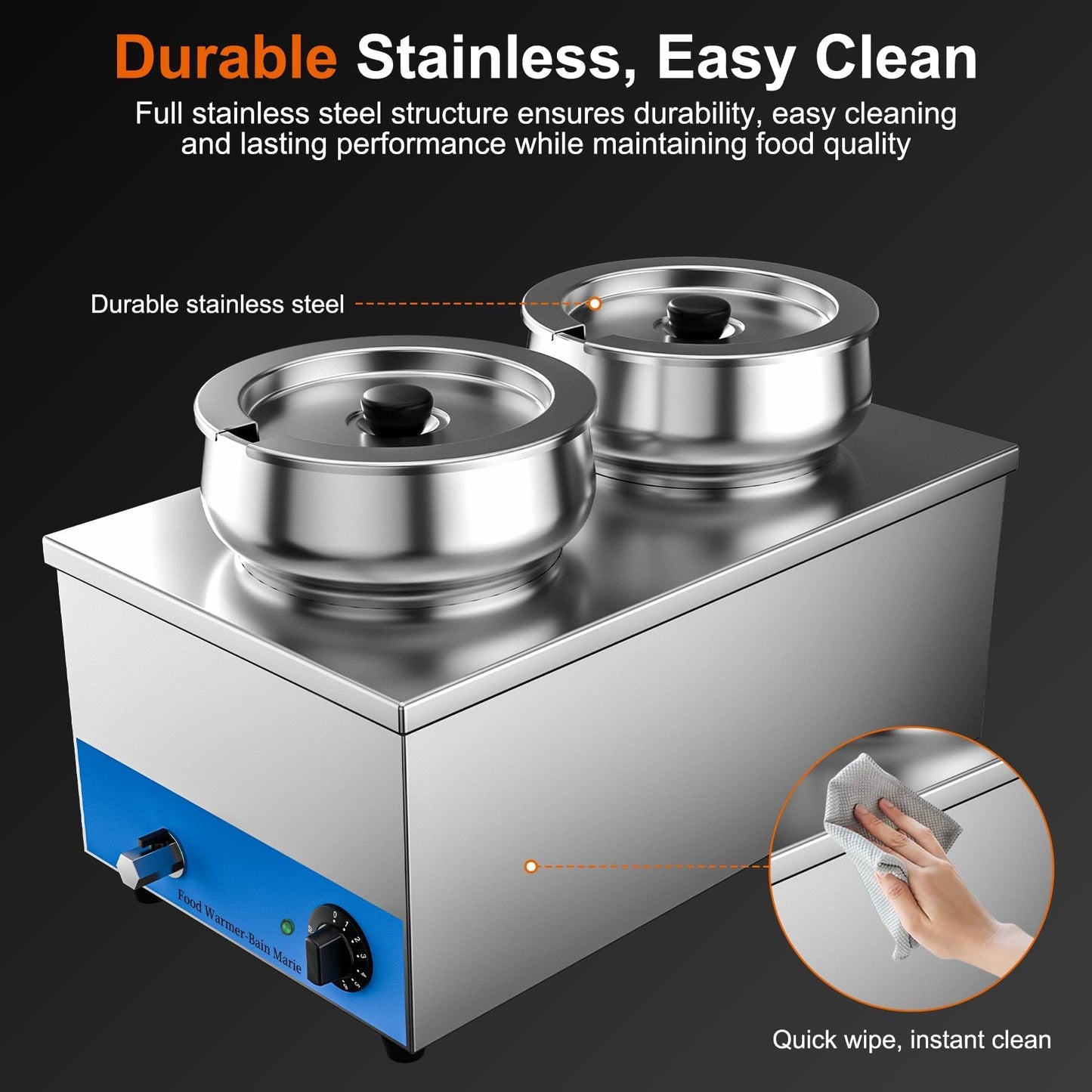 Culistra Commercial Food Warmer, 1200W Electric Stainless Steel Steam Table Soup Warmer with 2 Well 7.5Qt. Pot, Bain Marie, for Catering, Buffet, Canteens, Cafeterias, Restaurants, CSA Certification
