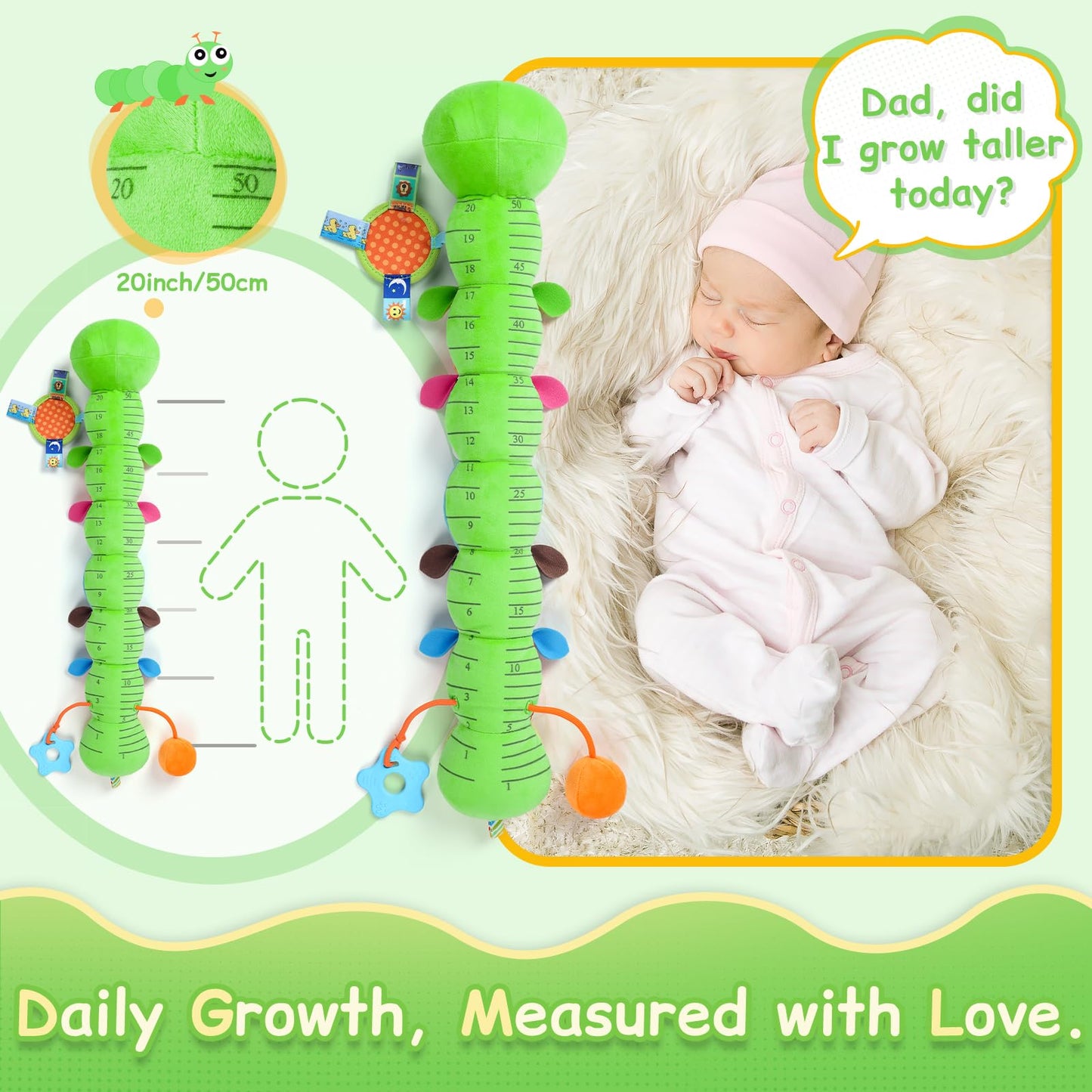 Tummy Time Baby Toys Sensory Musical Animal Stuffed Car Seat Toy for Infant 0-3-6-12 Months Newborn, Plush Caterpillar with Mirror,Crinkle,Rattle Teething Toys for Baby Boys Girls Shower Gifts, Green