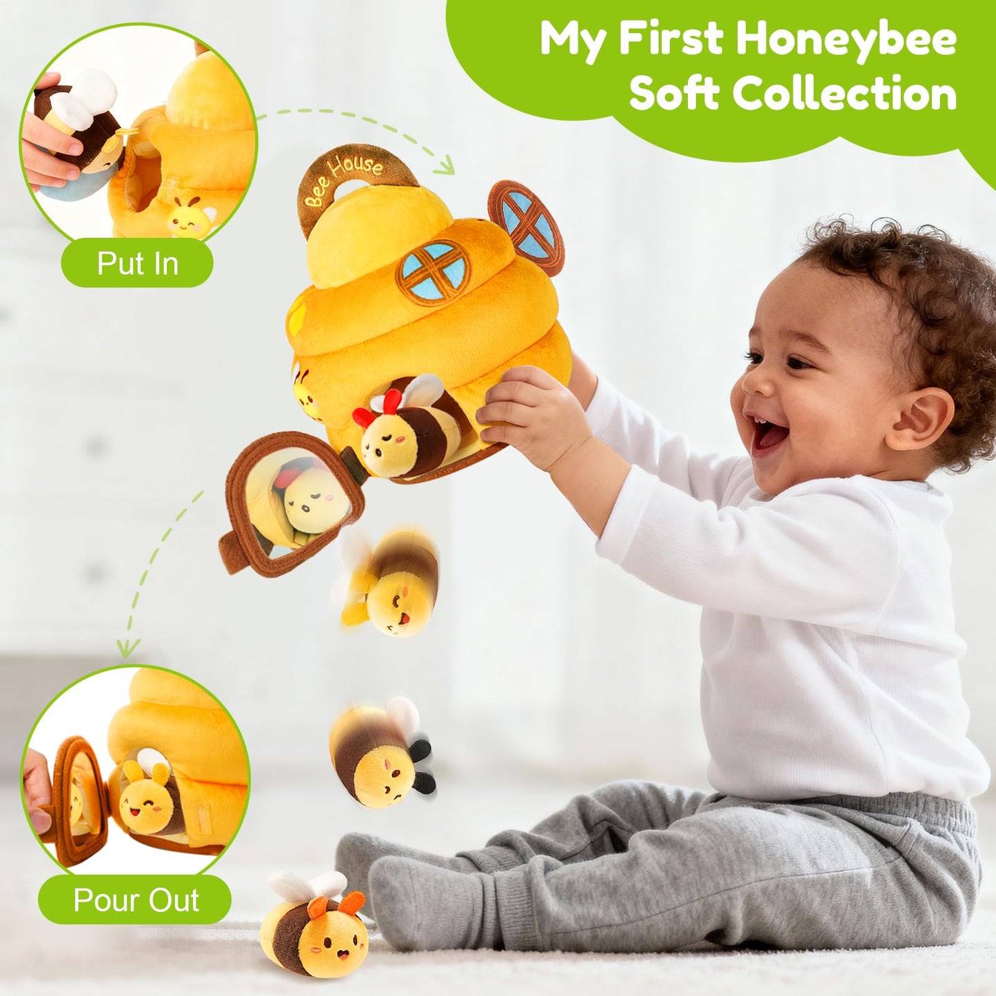 Baby Toys 6-12 Months - Soft Beehive Infant Toy with 5 Sensory Bees, Rattle, Crinkle, Squeaker, Mirror & Music, Montessori Toys for Babies 3 6 9 12 18 Months, Baby Boys Girls Christmas Birthday Gifts