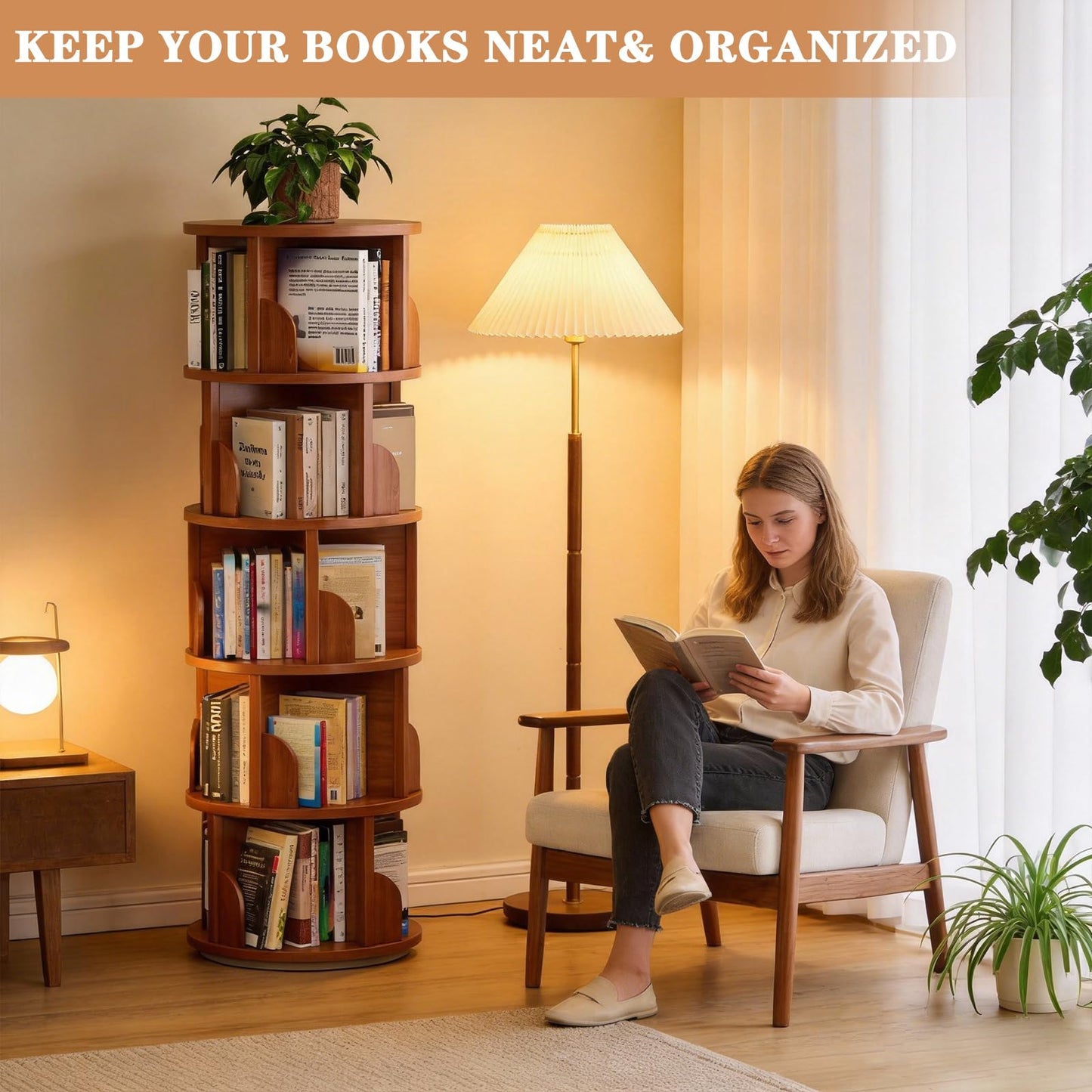 JIANXINGHOOM 5-Tier Rotating Bookshelf,Rolling Bookcase with 360° Spin for Small Spaces, Corner Revolving Organizer for Home Office, Bedroom, Kids Room Walnut Finish