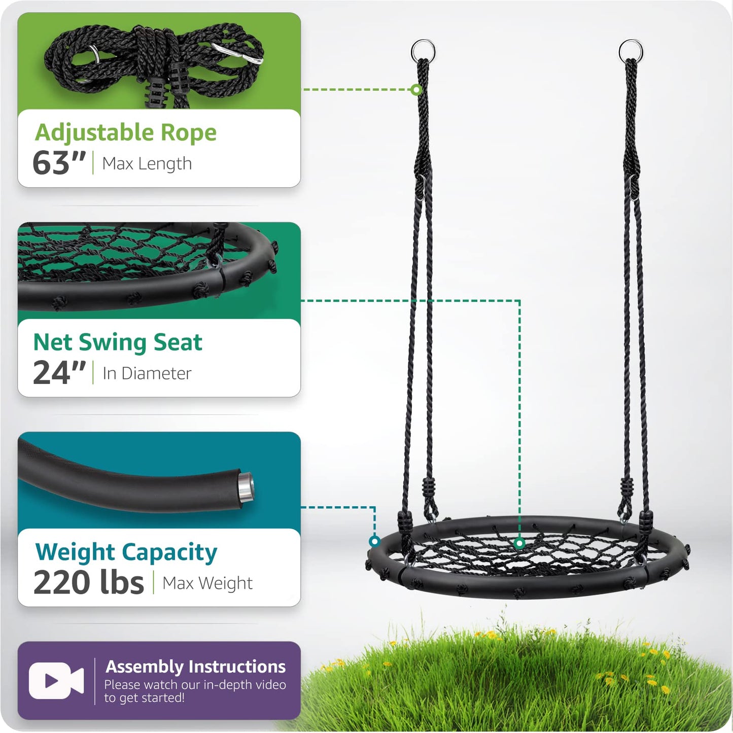 Sorbus Saucer Tree Swing- Kids Outdoor Disc Round Swing - 24" Heavy Duty 220lbs Seat- Easy Install Flying Saucer Web Circle - Perfect for Gift,Playground, Birthday, Xmas, IndoorOutdoor