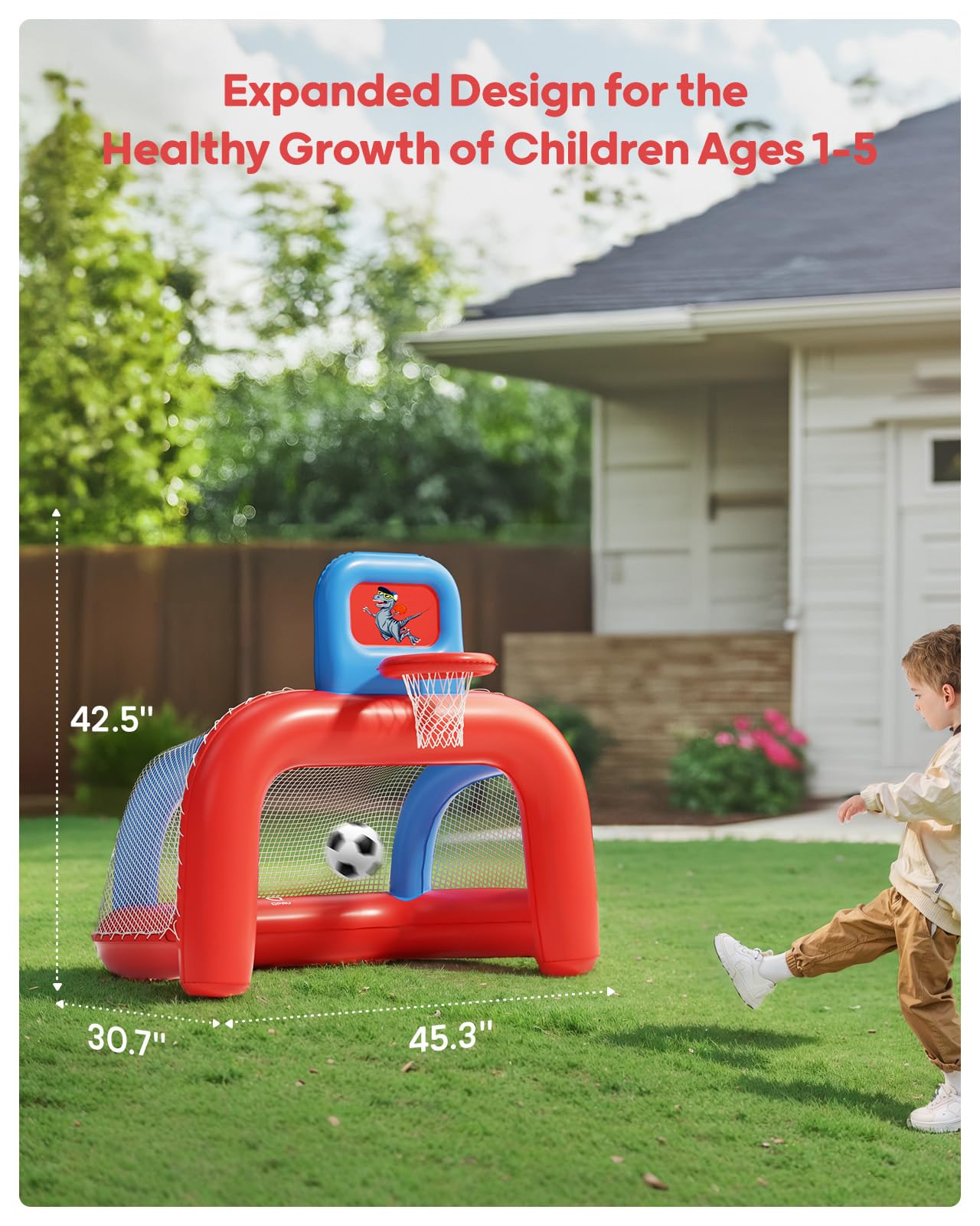 QPAU 2-in-1 Inflatable Toddler Basketball Hoop & Soccer Goal Set, Indoor Outdoor Sports Center Toys for Kids, Baby Toddlers Birthday Gift for 1 2 3 4 5 Year Old Boys Girls