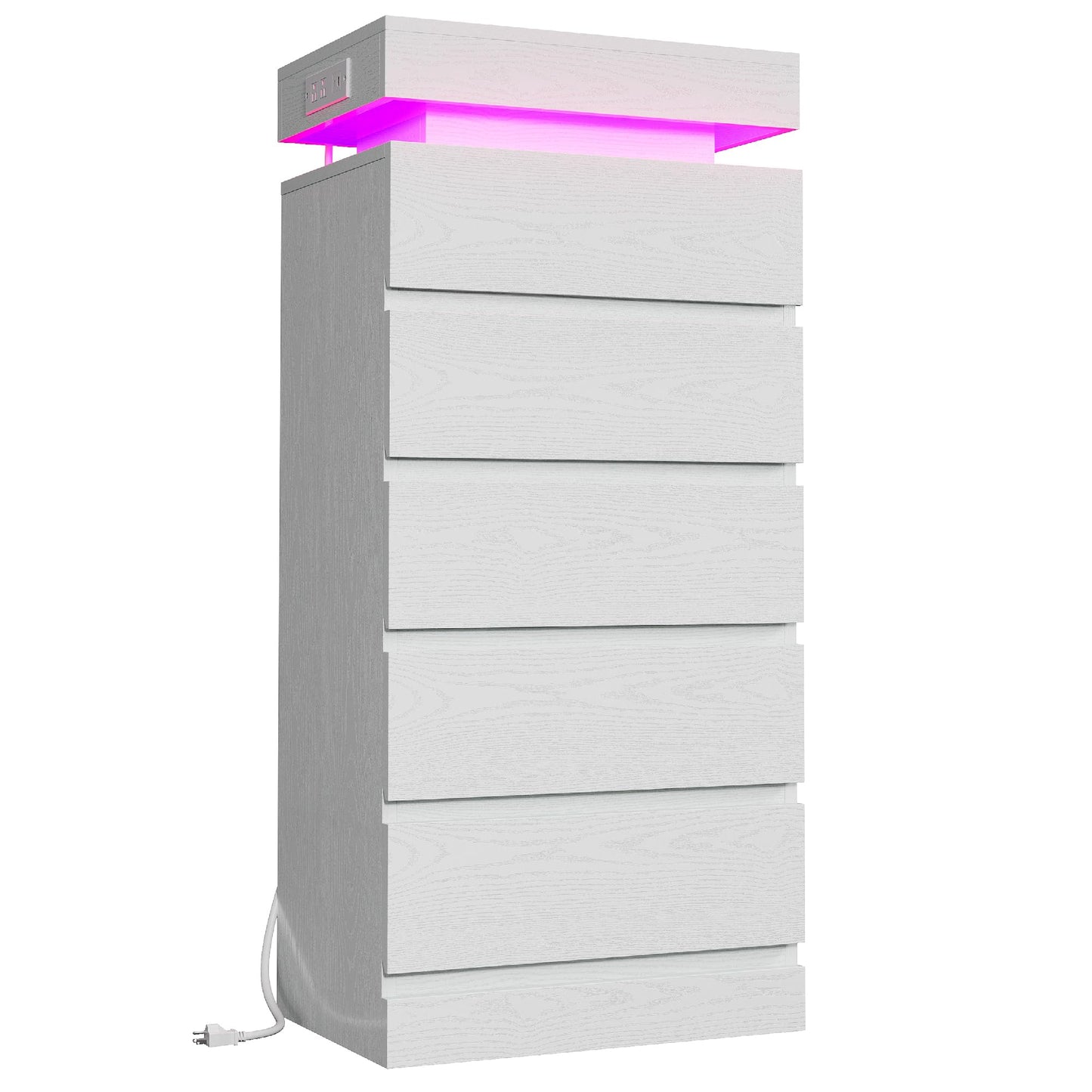 LIKIMIO 54" Tall 5 Drawer Dresser for Bedroom, White Dresser with LED Light and Power Outlet, Wooden Modern Chest of Drawers for Living Room, Entryway, Hallway