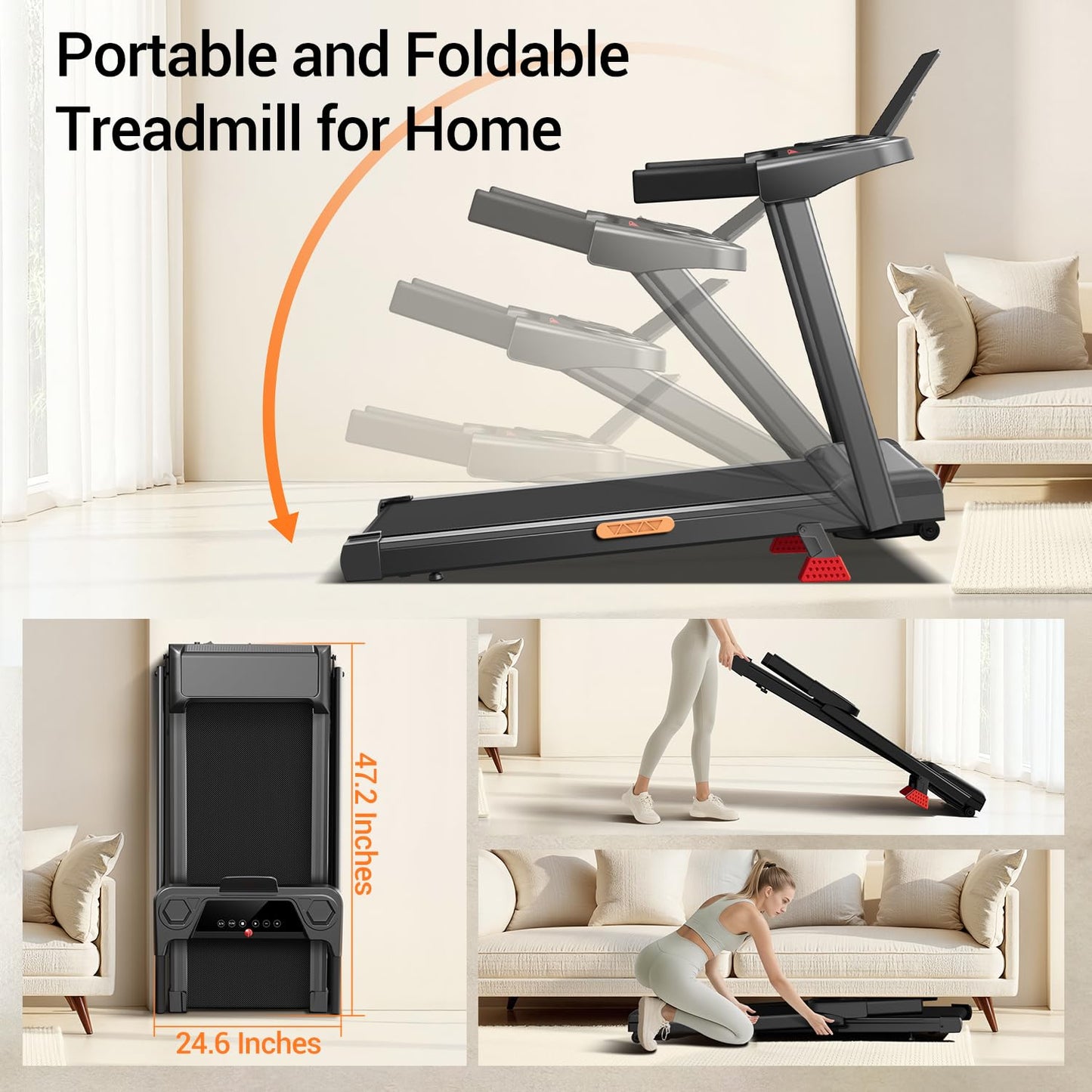 12% Incline Treadmill with Handle, 3-in-1 Portable Treadmills for Home and Office, Foldable Treadmills with 300 Lbs Weight Capacity, 3.0HP Quiet Walking Pad Treadmill, Three Touch Screen