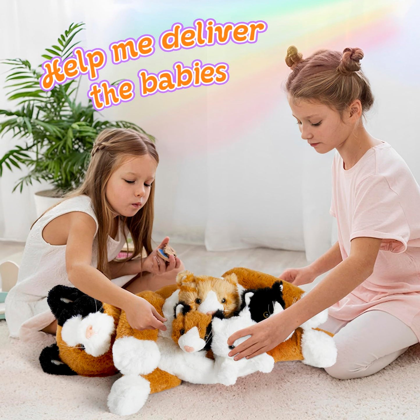 Houwsbaby 5-Piece Cat Plush Toy Set - Mommy Cat with 4 Kittens, Kitty Surprise, Parent-Child Stuffed Animals for Kids, 17''
