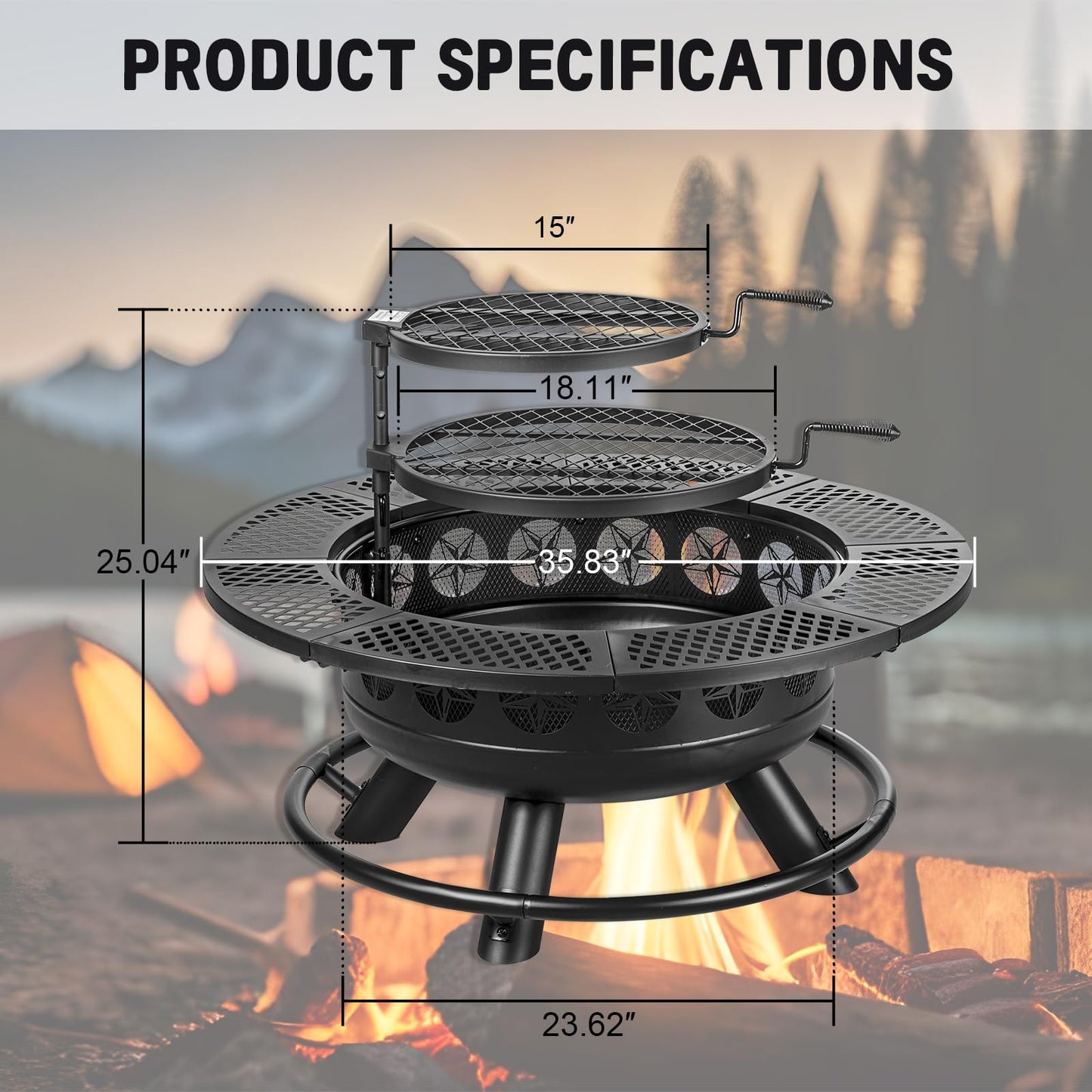 36 Inch Fire Pit with 2 Cooking Grills,Outdoor Wood Burning BBQ Firepit with Lid, 3-in-1 Outdoor Fire Pit for Backyard Deck Bonfire Patio Picnic(Black)