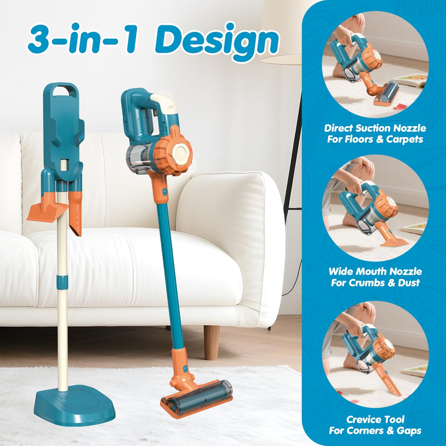 BAYMI 3-in-1 Kids Vacuum that Really Works – Working Toddler Vacuum Cleaner with Real Suction, Montessori Pretend Play Cleaning Toy Gift Set for Boys and Girls Ages 3+