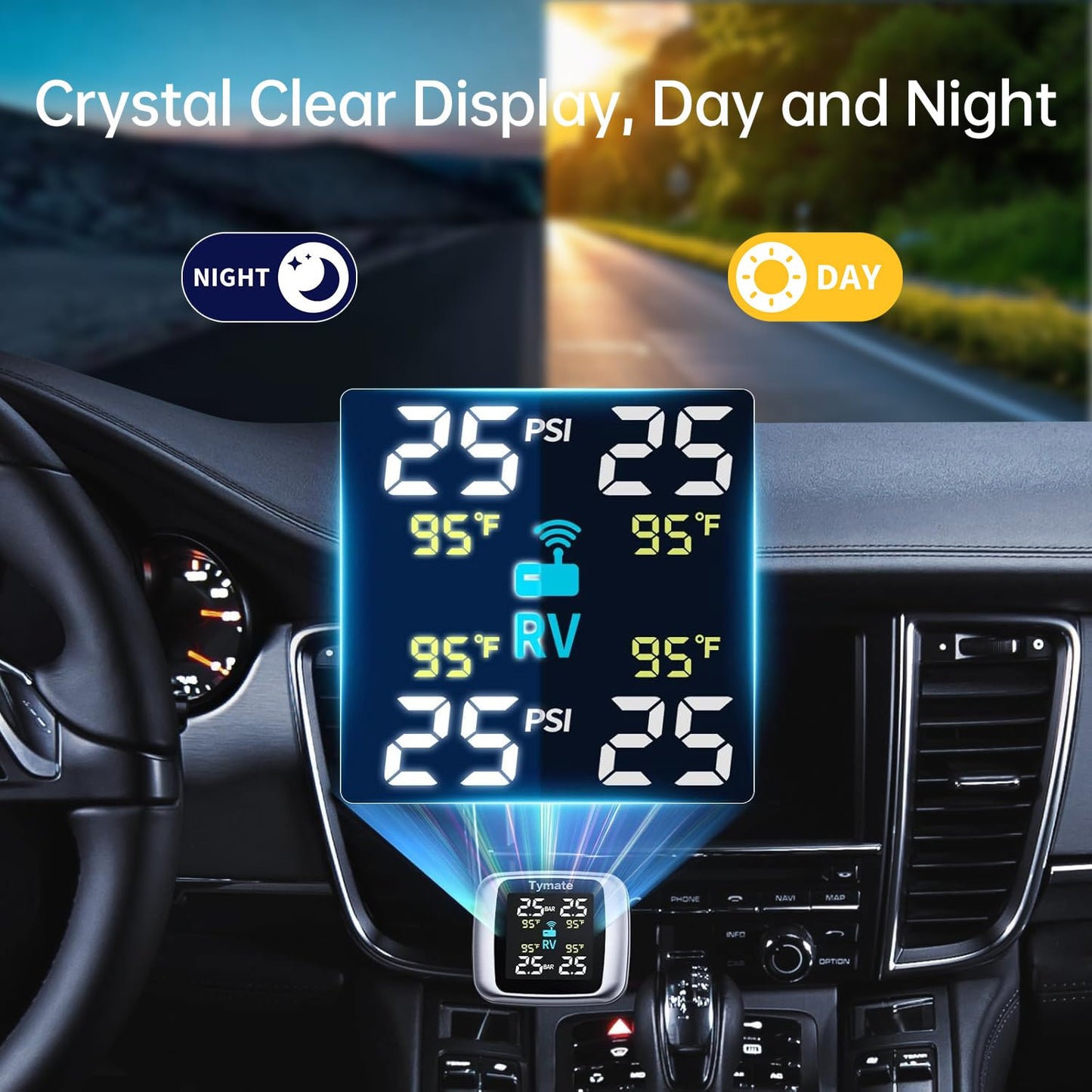 slrongpowlr Real-time TPMS Trailer Tire Pressure Monitoring System, Wireless TPMS Sensors Set of 4 External Tire Pressure Sensors with Alarm Modes for RV SUV MPV Truck Sedan (0-87 PSI)