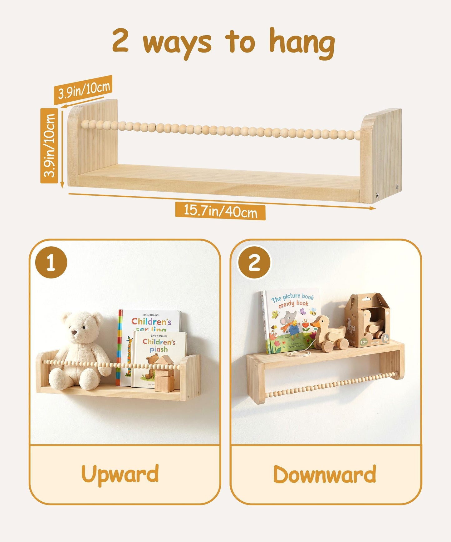 Mazjoaru Nursery Book Shelves for Wall Set of 3, Natural Wood Bookshelves Wall Decor, Small Floating Shelf Organizer for Kids Room, Bedroom, Kitchen Spice Rack