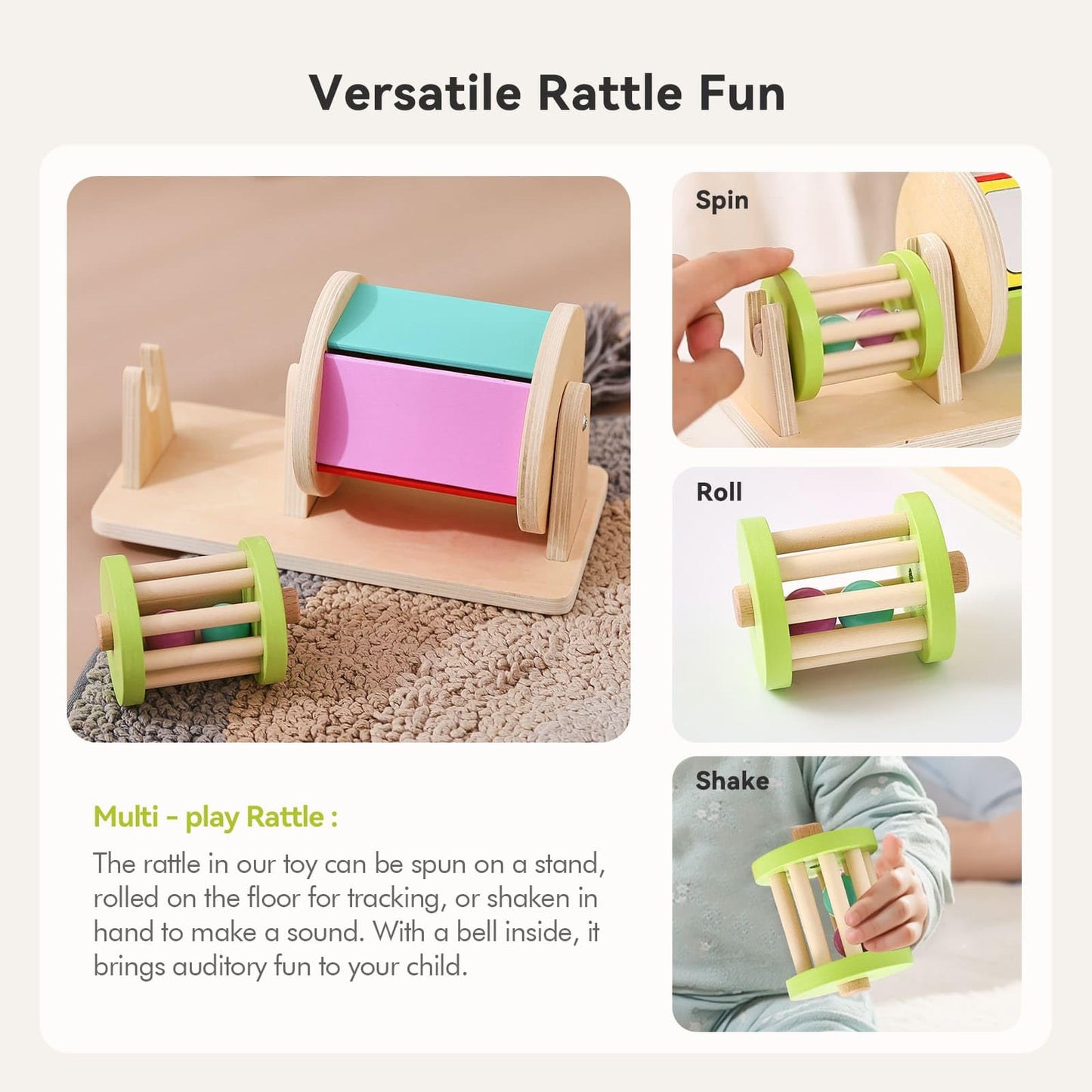 IEATFO Tummy Time Toys - Rain Stick Toy with Stand, Sensory Sound Training Tool for Kids - Wooden Spinning Drum & Rolling Rattle Combo