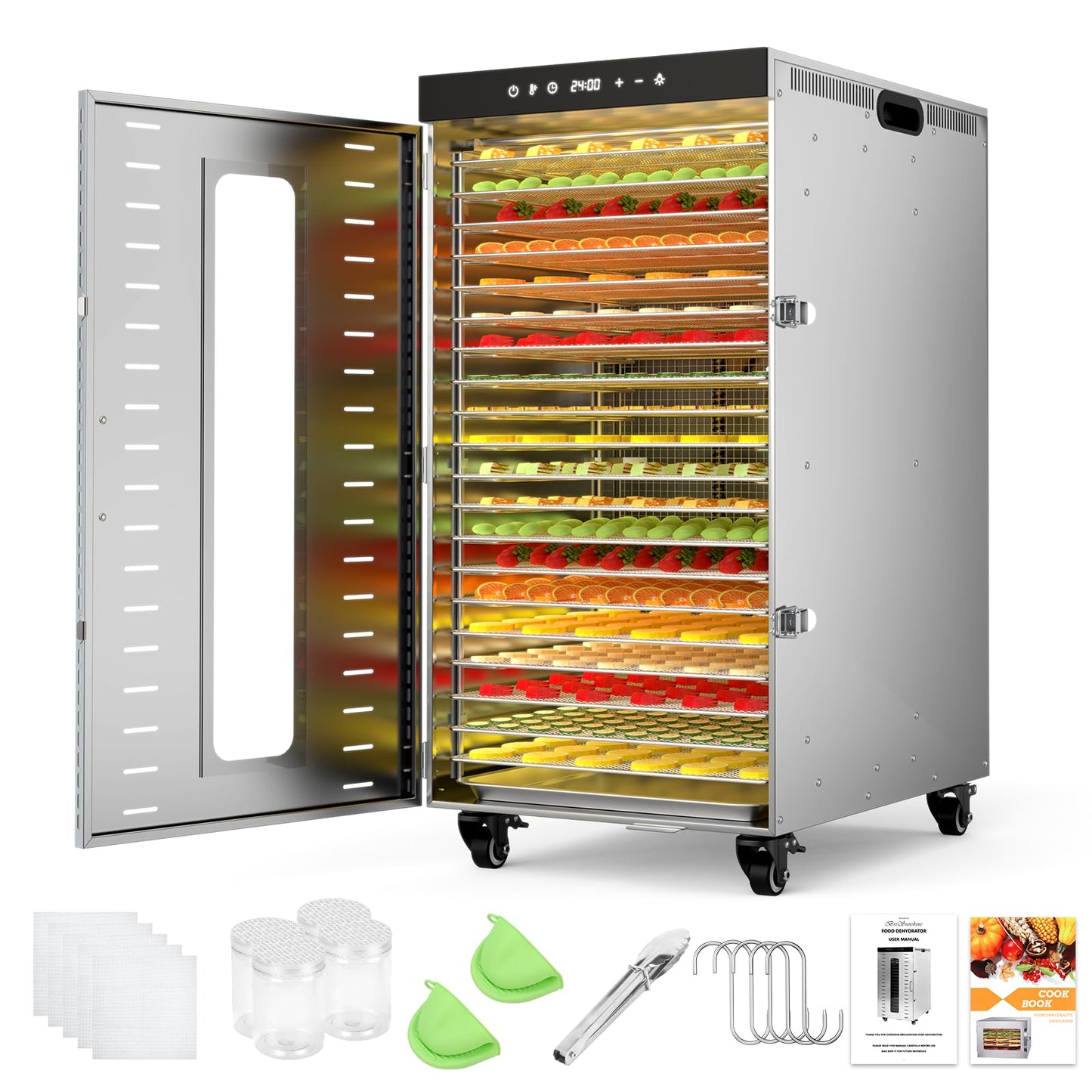 BriSunshine 20-Tray Commercial Food Dehydrator Machine, 24H Timer, 1600W Large Stainless Steel Dehydrators Dryer for Meat Jerky, Dog Treats, Fruits