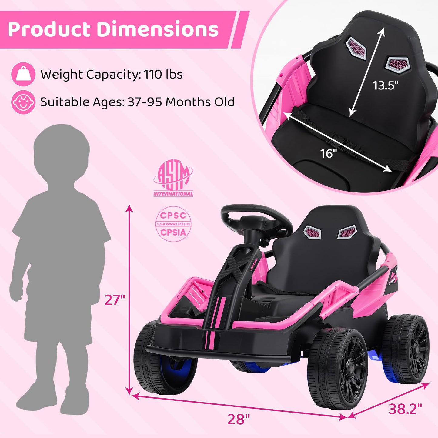 Costzon Electric Go Kart for Big Kids, 12V Ride on Race Toy Car w/Remote Control, LED Lights, 3 Speeds, 16" Wide Seat, Shock Absorbers, Horn & Music, Racing Kids Electric Kart for Boys & Girls (Pink)