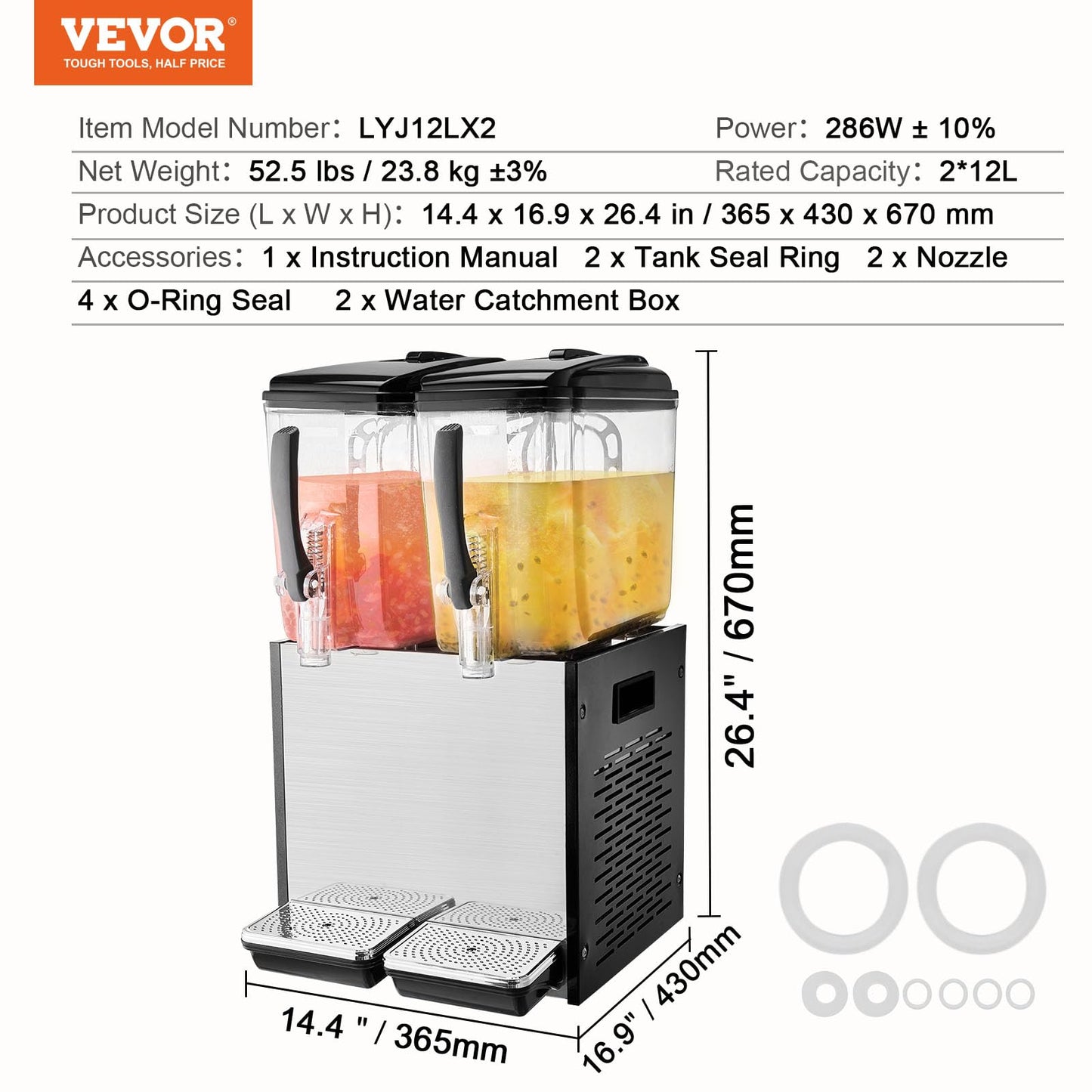 VEVOR Commercial Beverage Dispenser, 2 Tanks 12 L / 12.7 QT Per Tank Juice Dispenser, 286W Stainless Steel Ice Tea Drink Machine with 45°F-54°F Cooling Temperature, for Cold Drink Restaurant Bar Party
