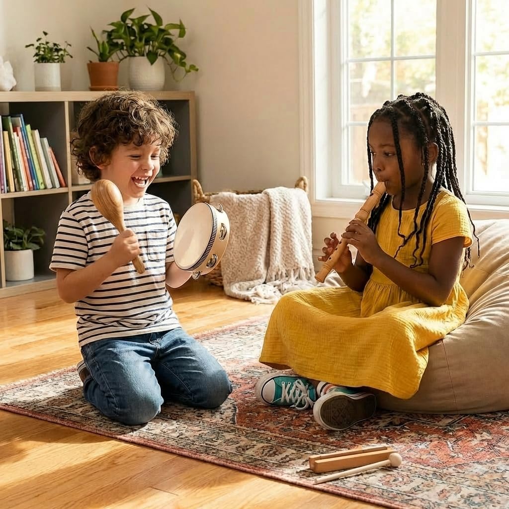 Stoie's Wooden Toddler Musical Instruments with Drum, Hand Bells, Flute, Maracas, Castanet, Tamburine, for Babies and Kids, Eco Friendly Montessori Educational Toy