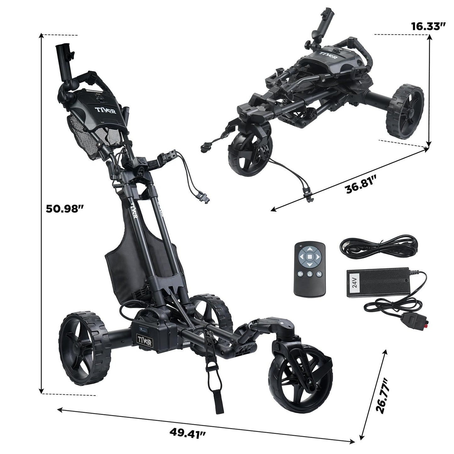 Tivor Electric Golf Push Cart with Remote Control,3 Wheel Golf Push cart with 4V10Ah Li-Ion Battery, 9 Speed Gears, Extra Large Storage, 360° Front Wheels, 2-Stage Folding with E-Brake