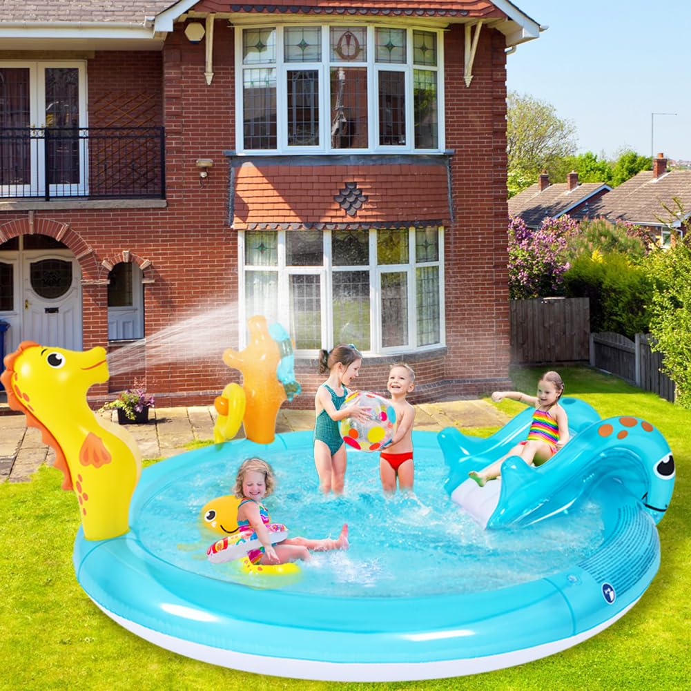 Inflatable Sea Animal Play Center, Inflatable Kids Swimming Pool with Water Slide, Water Sprayer, Sea Spray Kiddie Pool for Kids Children Summer Outdoor Splash, Backyard Garden Water Park