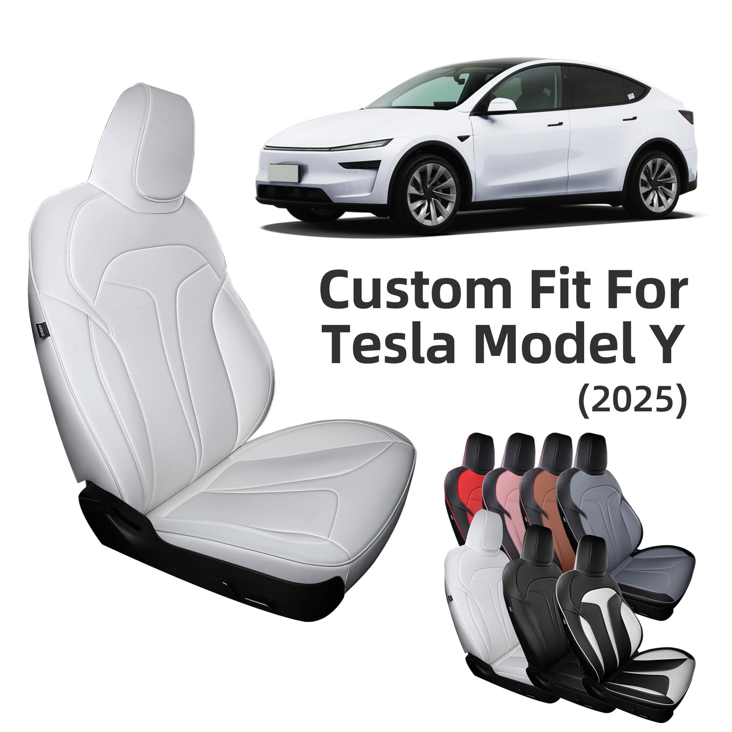 OURPLOT Custom Fit Seat Covers for 2025 2026 Tesla Model Y Juniper (5-Seater), Waterproof Breathable Nappa Leather, OEM Factory Style Full Set Car Seat Protectors Airbag Compatible - White