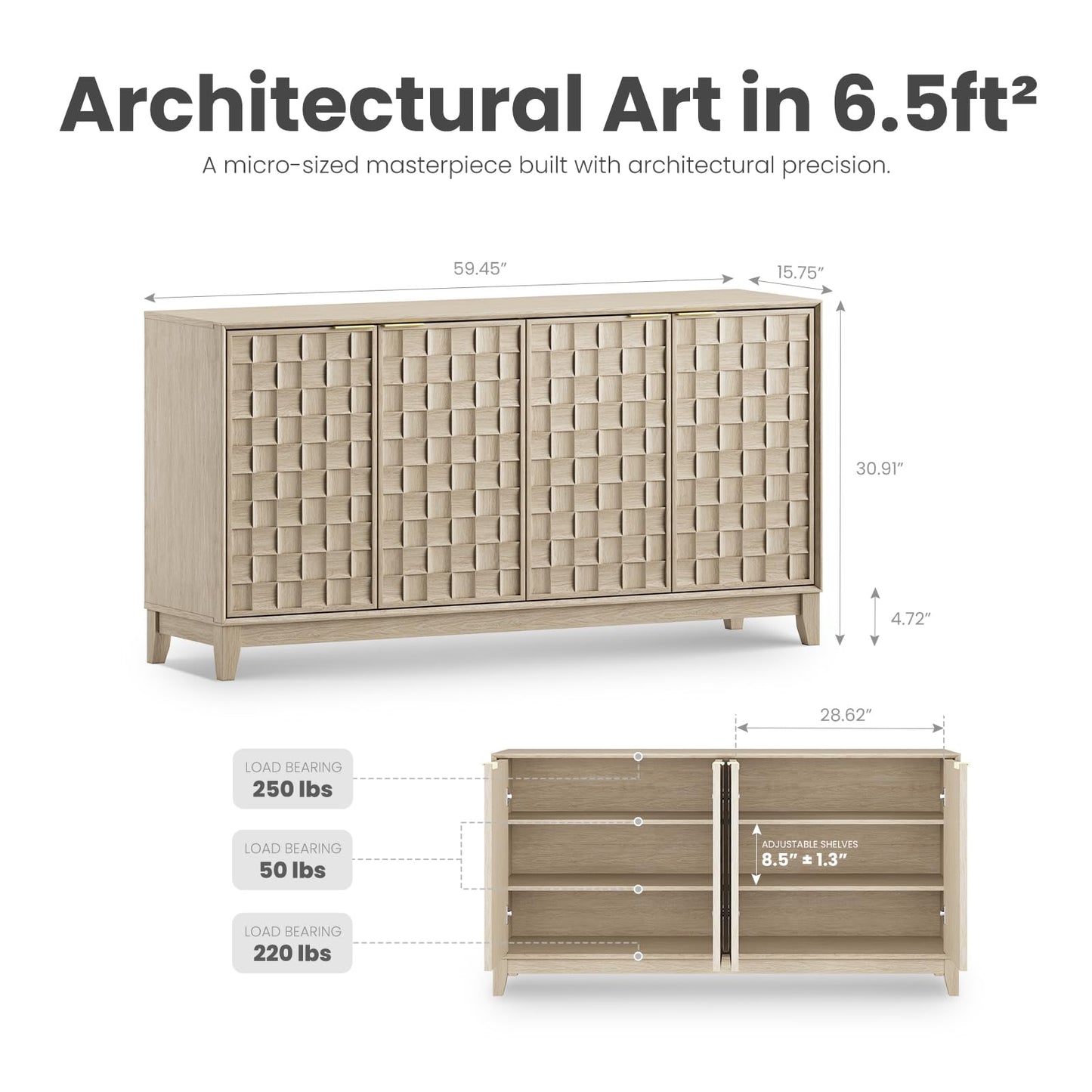 COLAMY Fluted Sideboard Cabinet with Storage – Solid Wood Buffet for Dining Room, Credenza Console with Adjustable Shelves, Walnut Finish, Mid Century Modern Style,Oak White