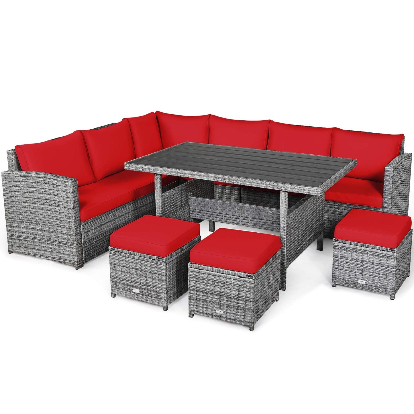 Tangkula 7 Pieces Patio Furniture Set, Outdoor Sectional Rattan Sofa Set with Cushions, All Weather Wicker Conversation Couch Set w/Dining Table & Ottomans for Backyard Garden Poolside
