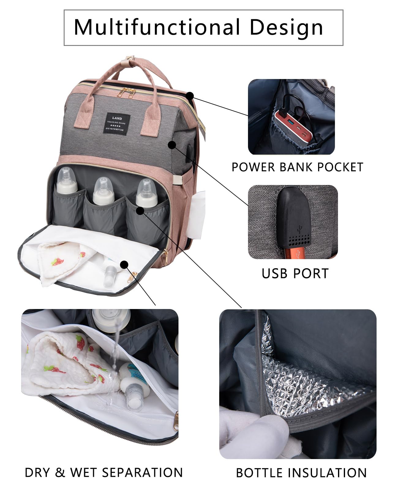 houscly Diaper Bag Backpack with Changing Station: Pink Baby Bags for Girls Boys New Mom Gifts Pañaleras Para Bebe Baby Girl Newborn Essentials Must Haves Baby Shower Gifts Baby Registry