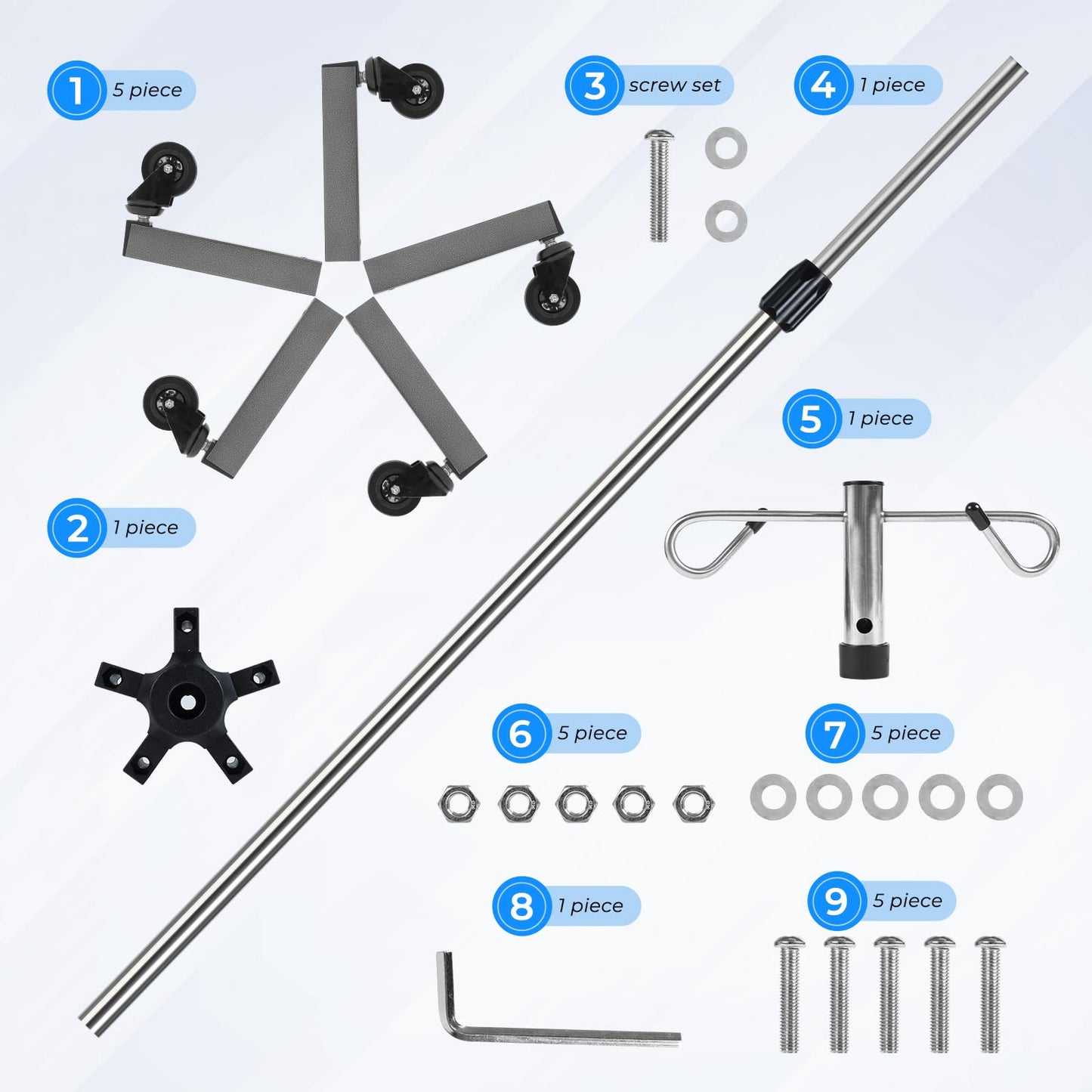 Konmee 2 PCS IV Poles IV Stands Portable Rolling 2 Hook 5 Legs Adjustable Height with Brake Wheels, Stainless Steel
