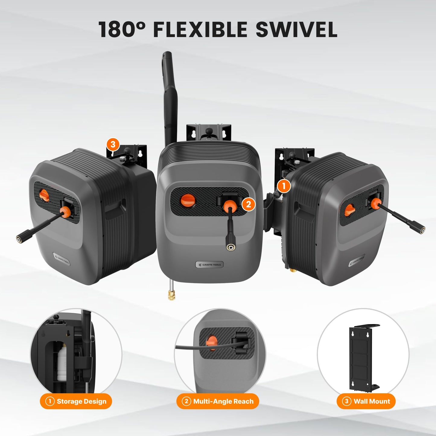 Giraffe Tools Grandfalls Retractable Pressure Washer G20B, 2500 PSI 2.2 GPM, Wall Mounted Power Washer with 65FT Hose Reel, Black Pressure Hoses, 4 Nozzles for Floor/Cars/Fences/Patios, Dark Silver