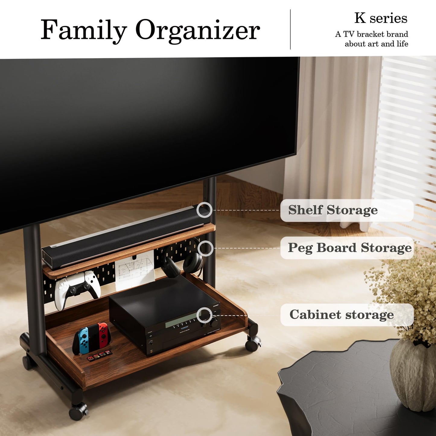 FITUEYES Rolling TV Stand Mount for 40 to 85 TVs，Mobile TV Floor Stand on Wheels with Large Storage Pegboard & Wooden Shelf,Heavy Duty TV Cart Hold Up to 132 lbs for Bedroom, Living Room, Office