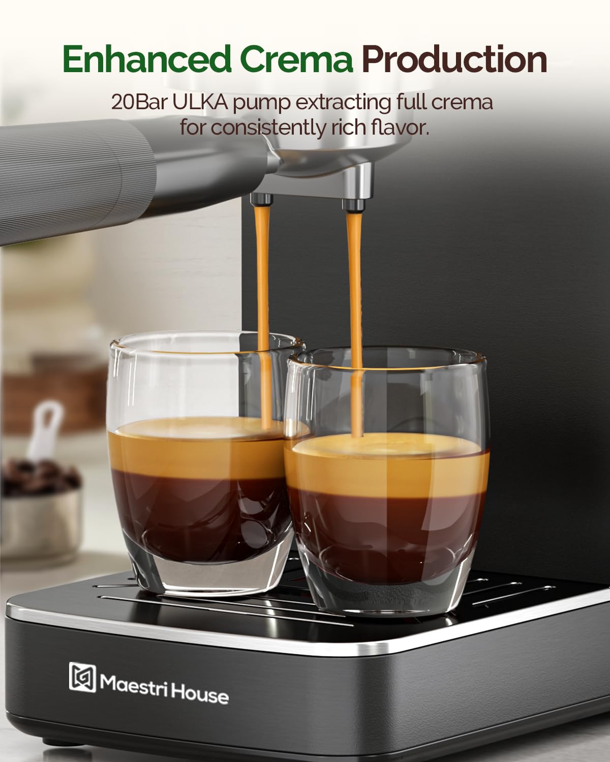 Maestri House Espresso Machine, 20 Bar ULKA Pump, Compact Espresso Maker Built-in Flow Meter Steam Milk Frother, Stainless Steel Coffee Machine for Cappuccino, Latte (Black)