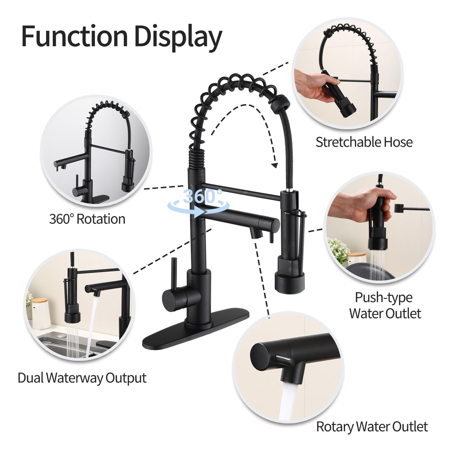 Wicbim Kitchen Sink Faucet with Pull Down Sprayer Contemporary Stainless Steel Single Handle Spring Kitchen Faucets Double-Headed with Deck Plate