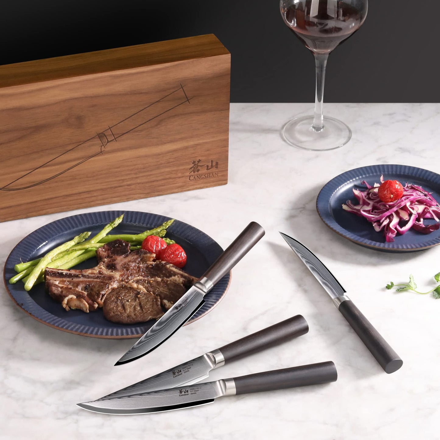Cangshan HAKU Series 4-Piece Fine-Edge Steak Knife Set with Walnut Box, Forged X-7 Damascus Steel, 501141