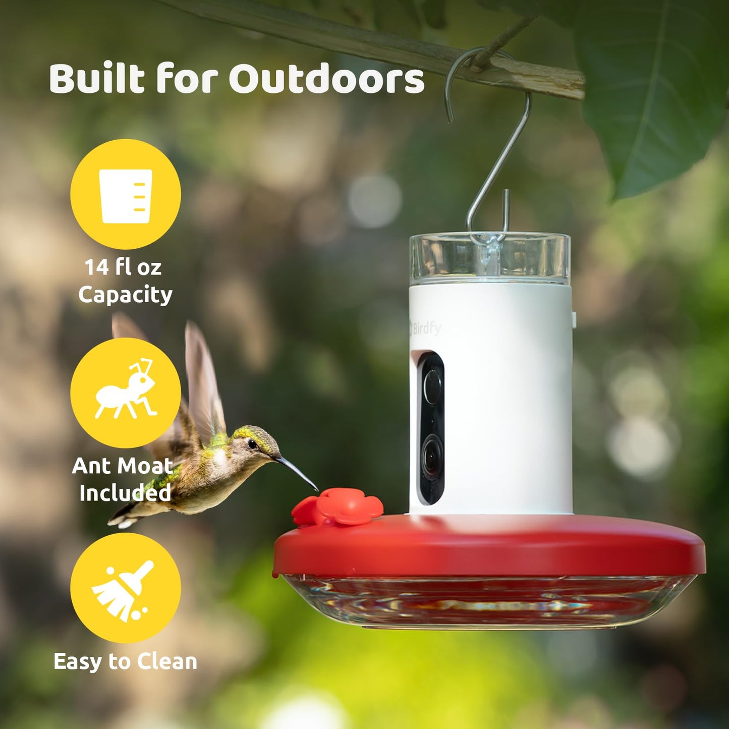 Birdfy Smart Hummingbird Feeder with Camera for Outdoor Hanging, Wireless Bird Watching Camera Auto-Capture Motion Video & Send Instant Alerts, Battery-Powered, Ant and Bee Proof, Leak-Proof, 14 Oz