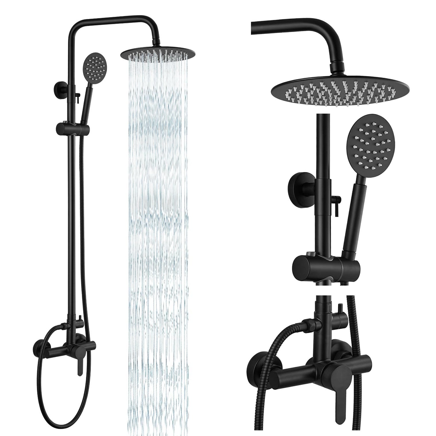 gotonovo SUS304 Outdoor Shower Fixtures High Pressure Rainfall Shower System Combo Wall Mount 2 Dual Function 8 Inch Shower Head and Round Handheld Spray Single Handle Shower Faucet Set Matte Black