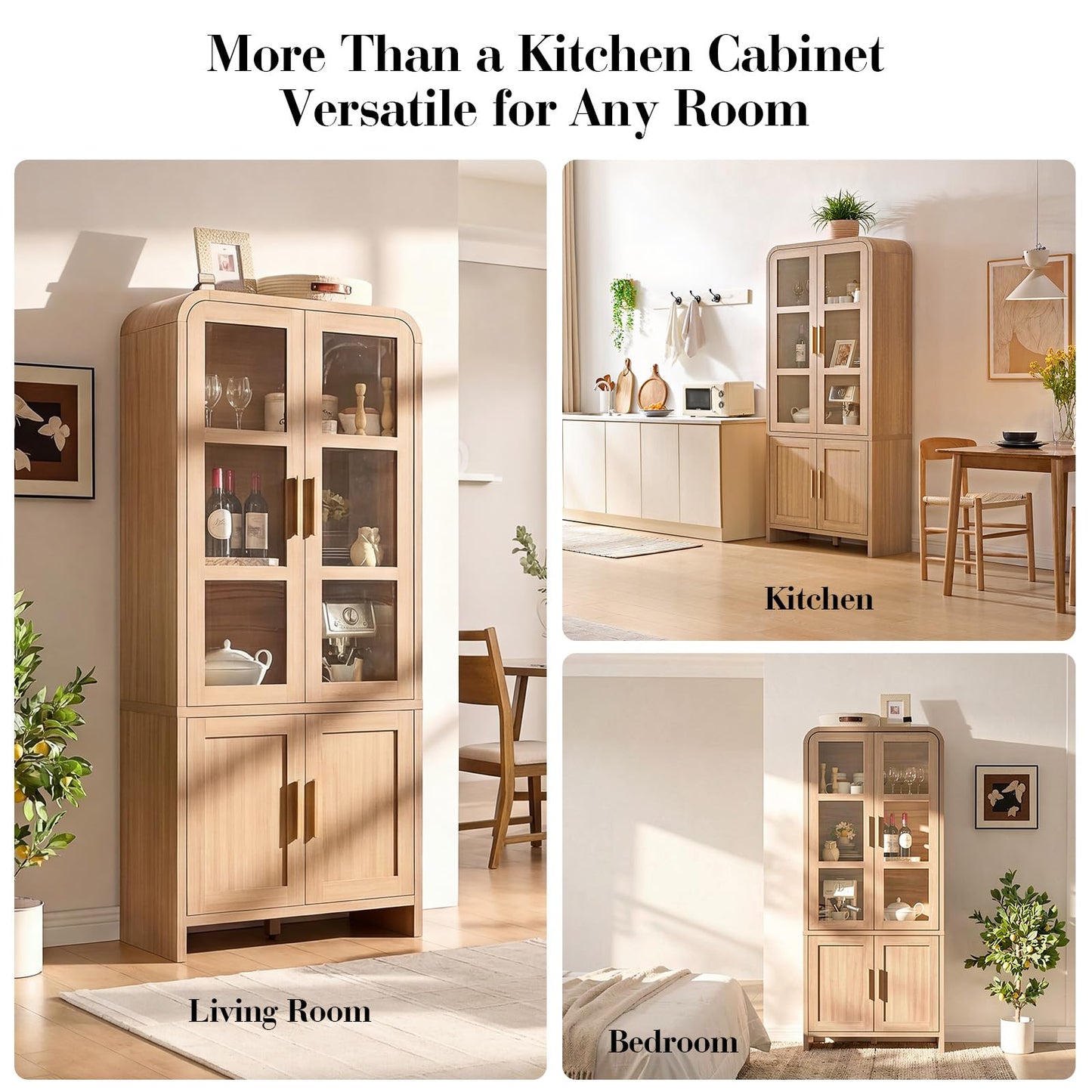 EliteSet 77" Tall Kitchen Pantry Cabinets, Wooden Curved Storage Cabinets with 2 Adjustable Shelves, 1.18'' Panel Freestanding Cupboard for Dining Room, Living Room, Bathroom, Oak, 1Pcs