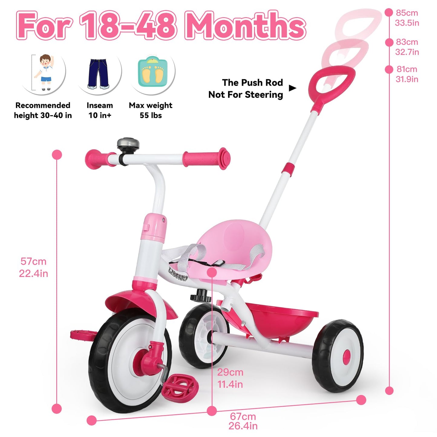 Liberry 2 in 1 Toddler Tricycle Age 2 3 4 Years Old, Kids Trike with Adjustable Push Handle, Bell & Basket, 3 Wheel Bike Riding Toy Birthday Gift for Girls Boys, Pink