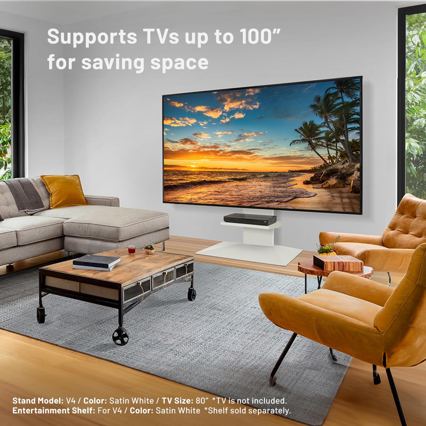 WALL V4 | Sleek Shallow Floor TV Stand for Extra Large 50-100 Inch | Satin White | for Large Screens | Living Room and Bedroom, Space Saving, Adjustable Mount, No Drill, Japan-Engineered Design