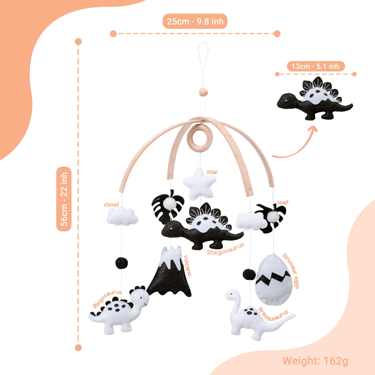 Dinosaur Crib Mobile – High-Contrast Black & White Nursery Decor for Newborn Baby Room, Handmade for Boy & Girl, Natural Wood & Fabric, Plastic-Free, Ready-to-Gift