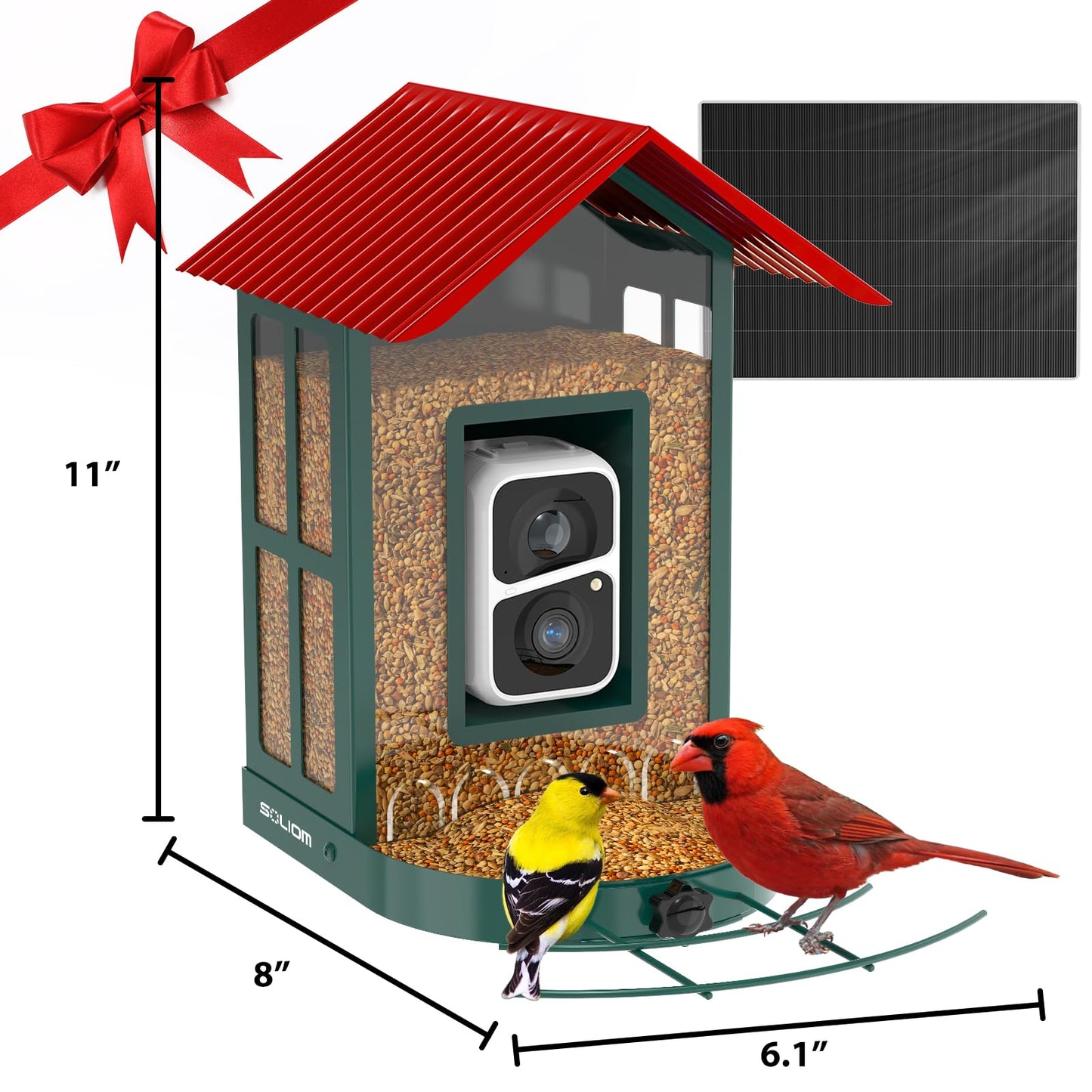 SOLIOM Smart Bird Feeder with Camera for Outdoors, Durable Metal Solar AI Birdhouse, 2K Live View & Instant Alerts, Squirrel-Proof – Complete Bird Watching Gift Set(Red)