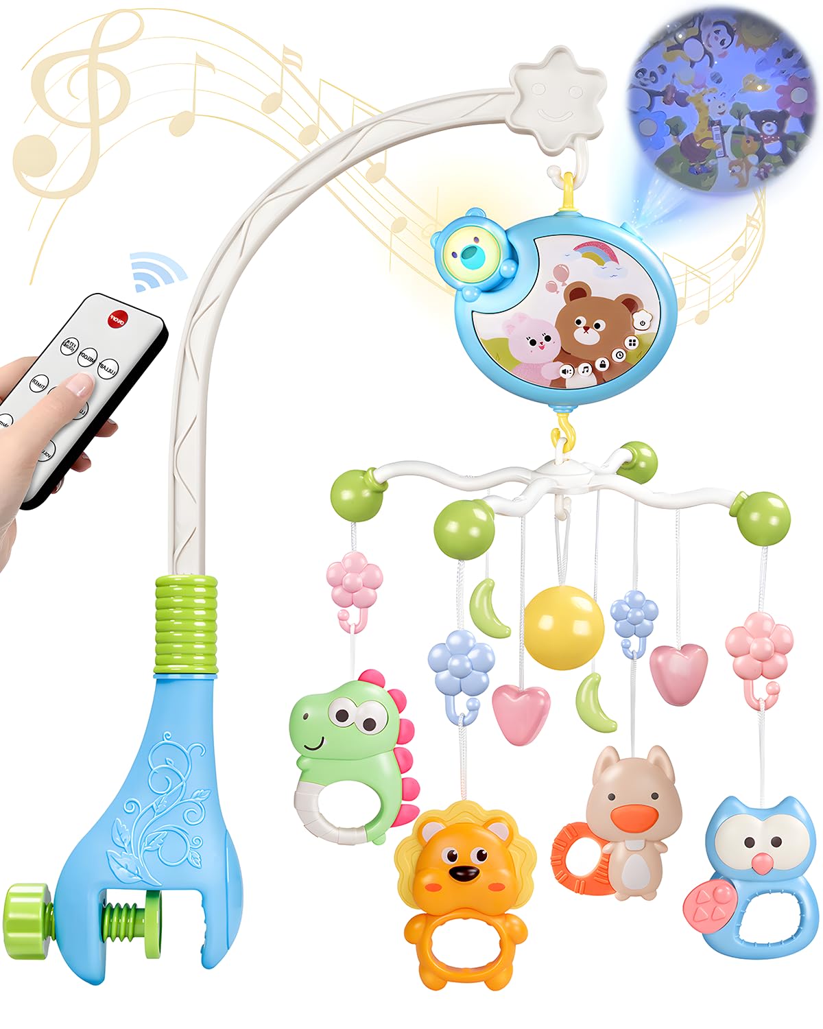 RSEPD Crib Mobile With Music And Lights, Mobiles For Cribs, Baby Mobile Arm Toys Hanging For Bassinets Girls Boys, Nursery Musical Space Portable Infant Mobiles Clip On Pack And Play Hanger 0-6 Months