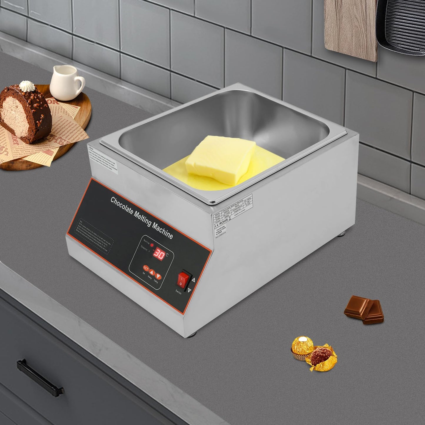 Professional Commercial Chocolate Tempering Machine 26.46 Lbs Single Tank Chocolate Melting Pot with Digital Temp Control 32~203°F, 110V 500W Electric Stainless Steel Chocolate Melter Food Warmer
