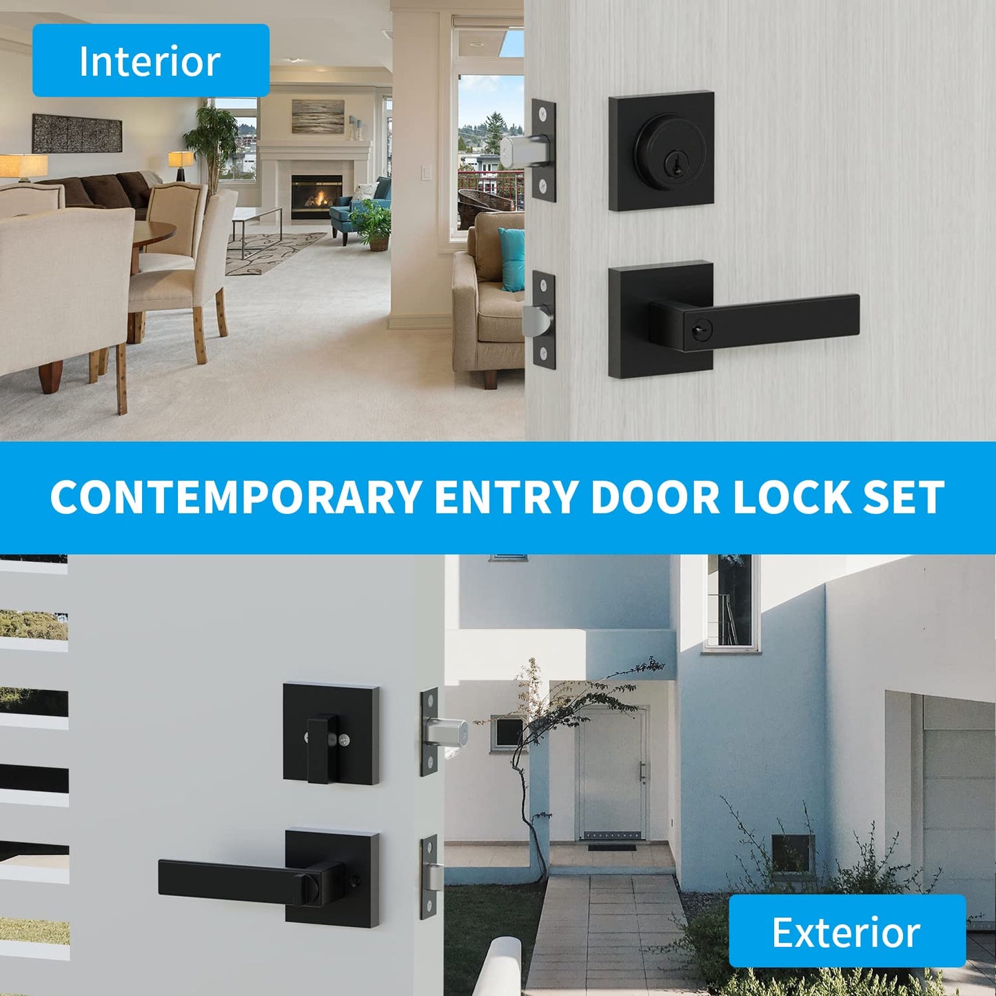 Front Door Lock Set,Keyed Alike Heavy Duty Exterior Door Lock Set,Entry Door Handle and Single Cylinder Deadbolt Combo for Office and Home Security, Reversible for Right and Left Side, 4 Pack