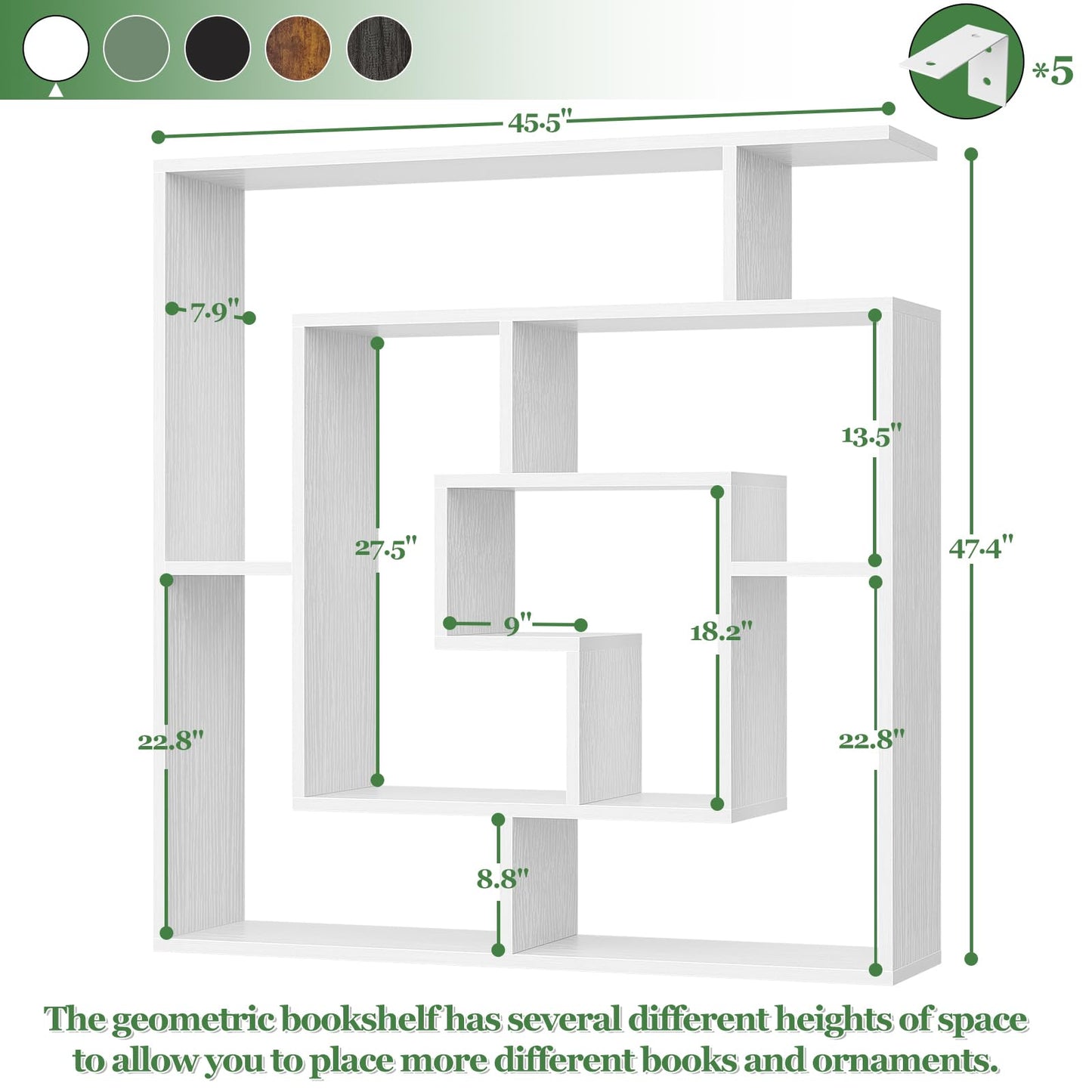 Armocity 6 Tier Display Book Shelf Wall Mounted Bookshelf Freestanding Geometric Bookcase Floating Book Shelves for Wall Bedroom Living Room Home Office, 45.5"(W) * 47"(H), White