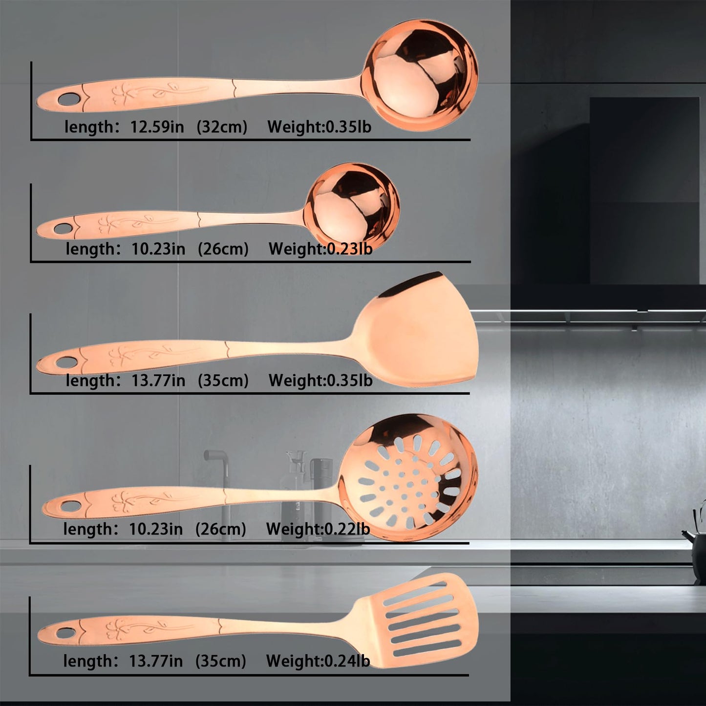 Purecopper 5-Piece Pure Copper Kitchen Cooking Utensils Set, Stylish Copper Kitchen Accessories, Cookware Set for Home or Restaurant Cooking (5)